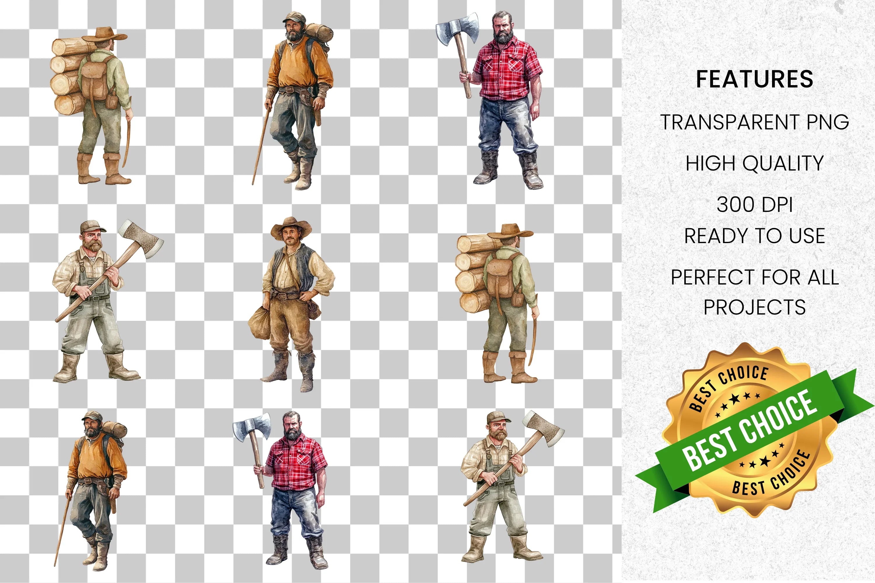 Rugged Lumberjack Outdoorsman Clipart Bundle