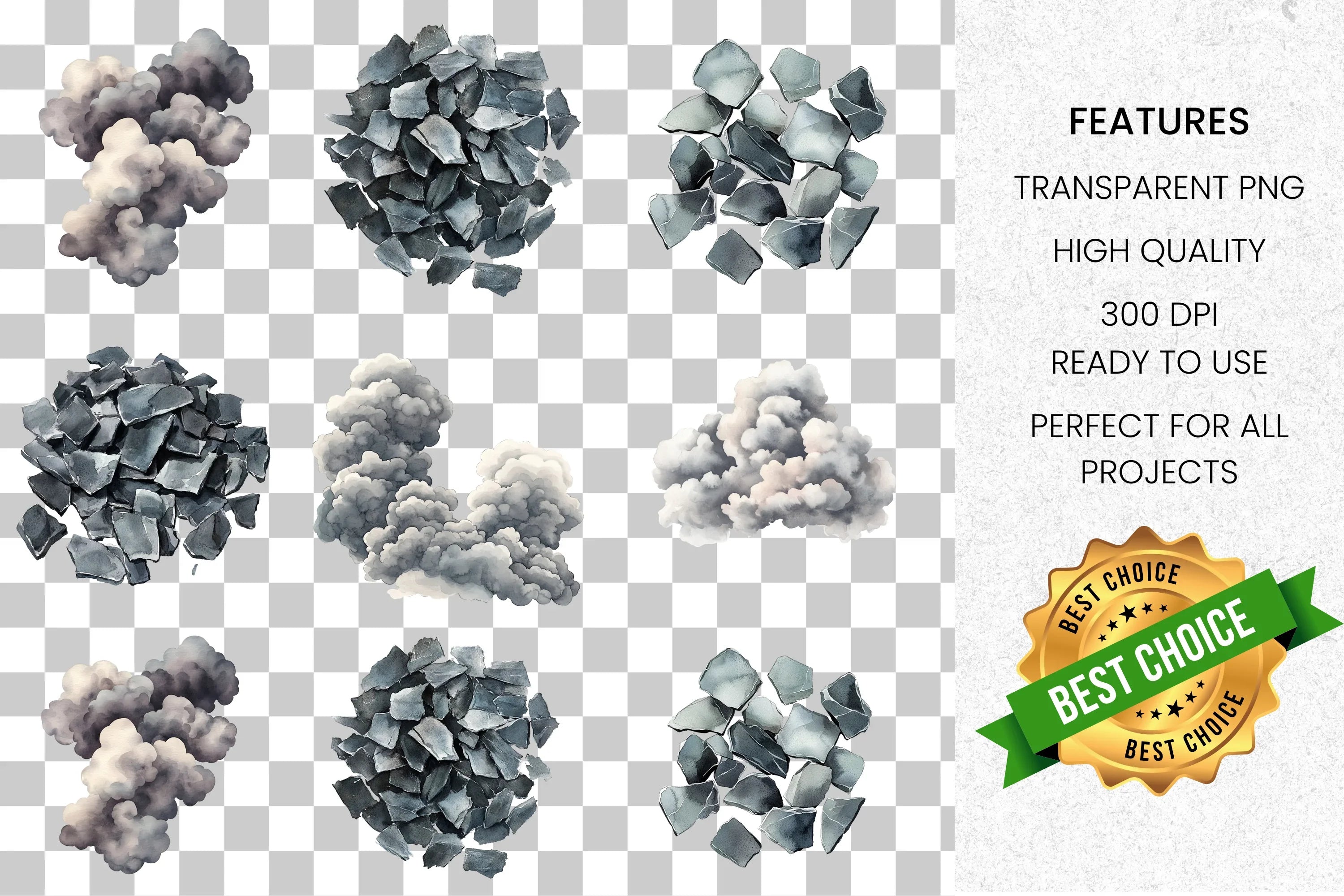 Smoke Clouds Grey Stone Shards Clipart Bundle