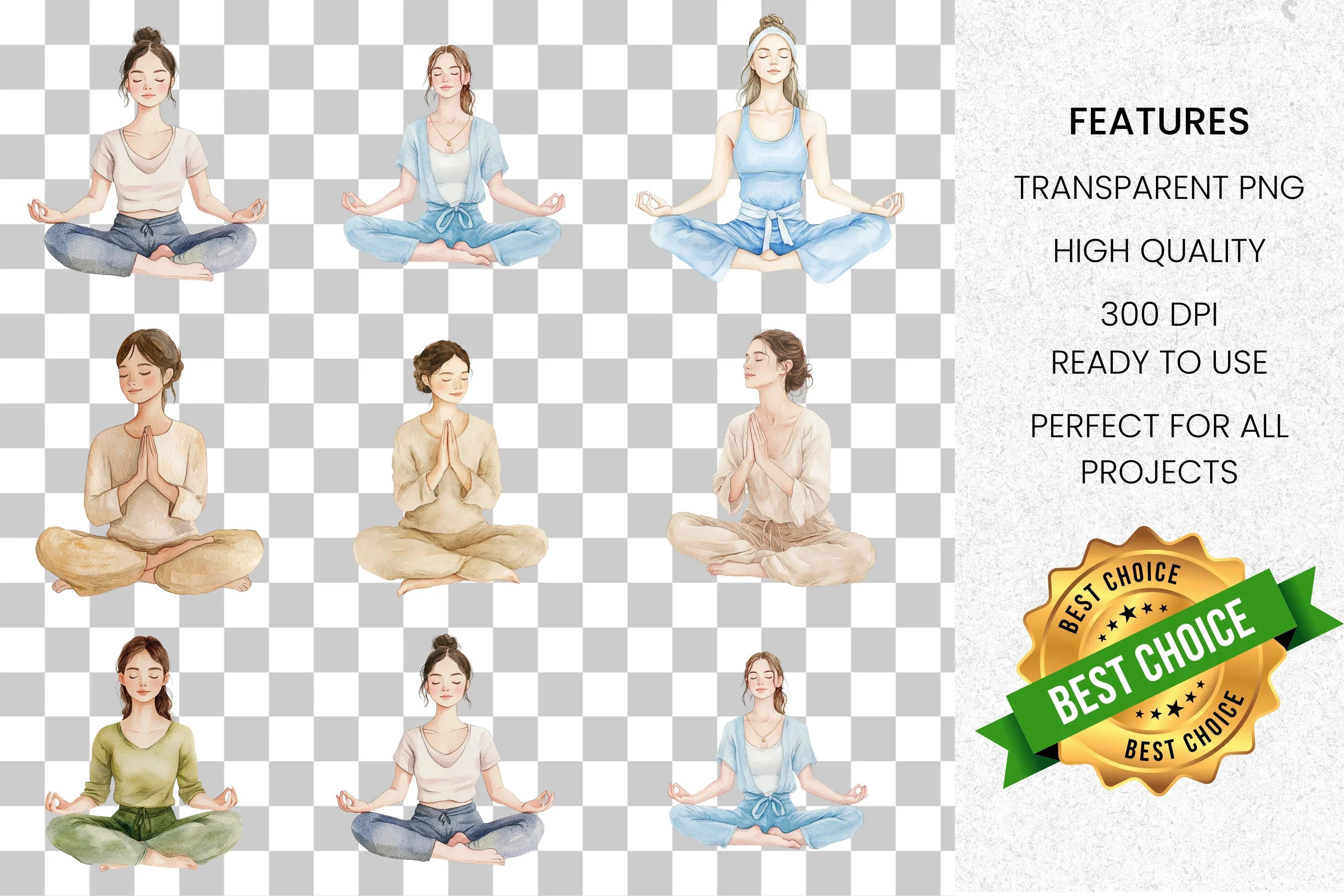 Mindful Women Yoga Poses Clipart Bundle