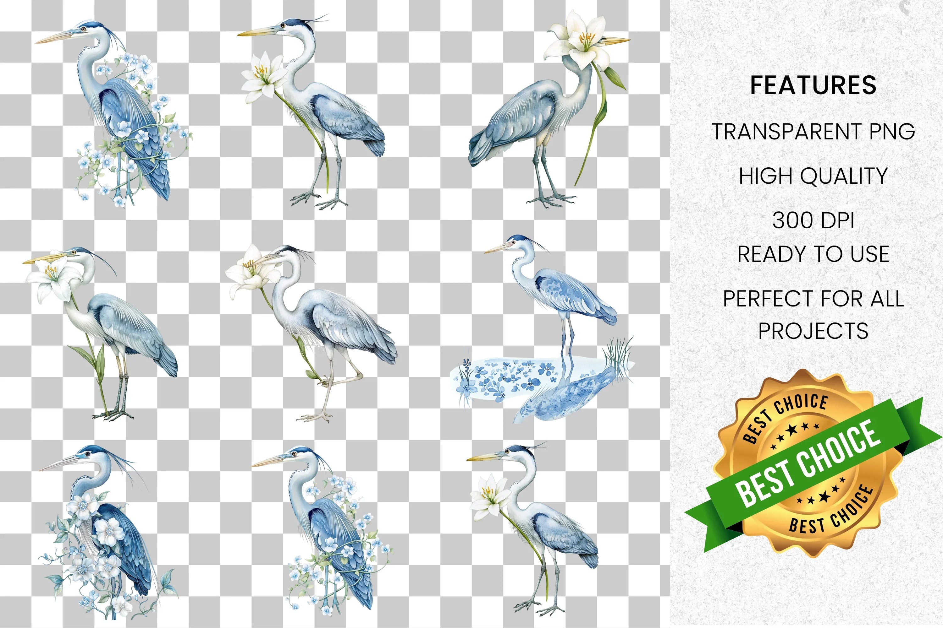 Graceful Blue Heron Designs Clipart Bundle