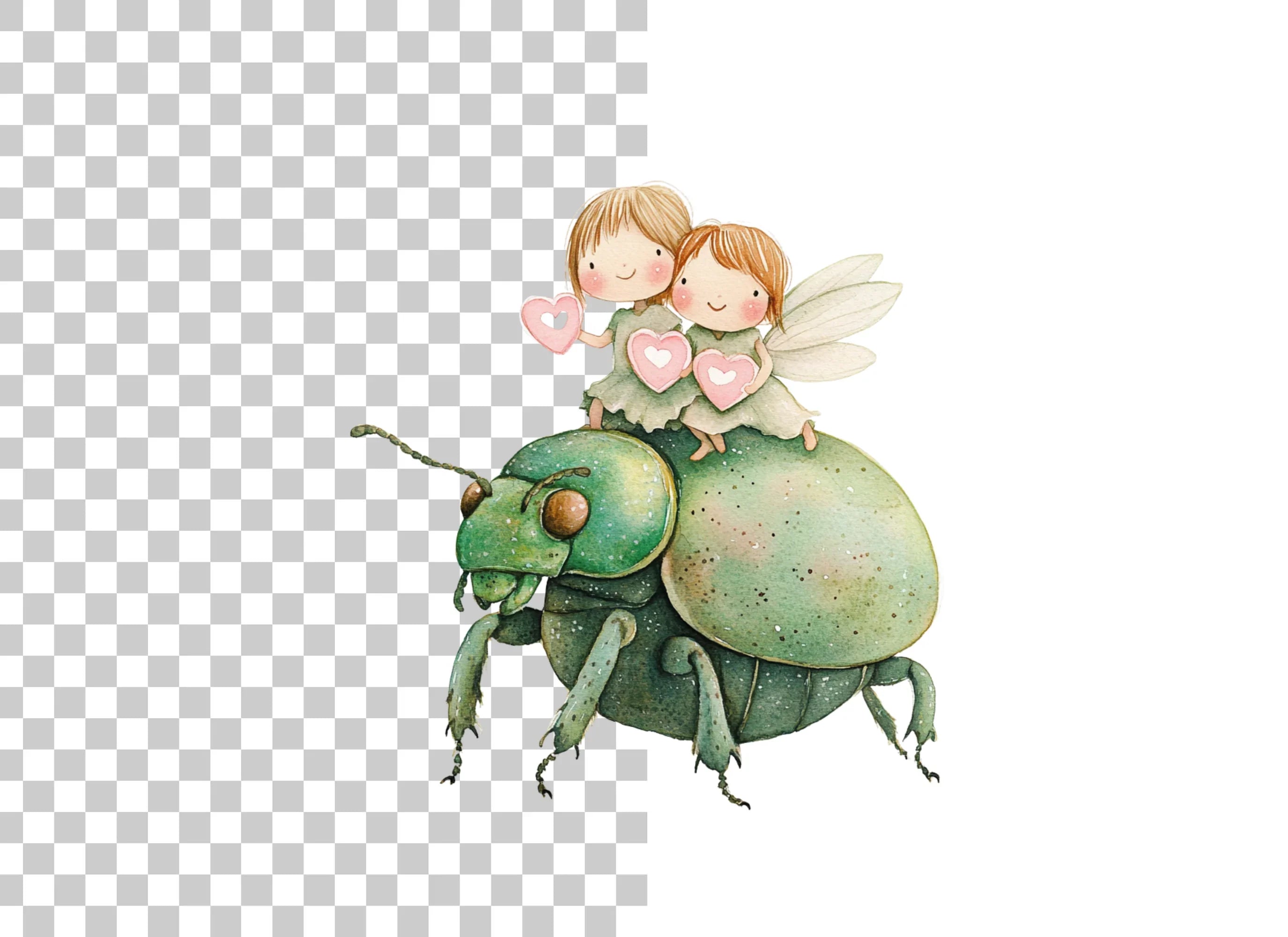 Cute Fairies Riding Green Beetles Clipart Bundle