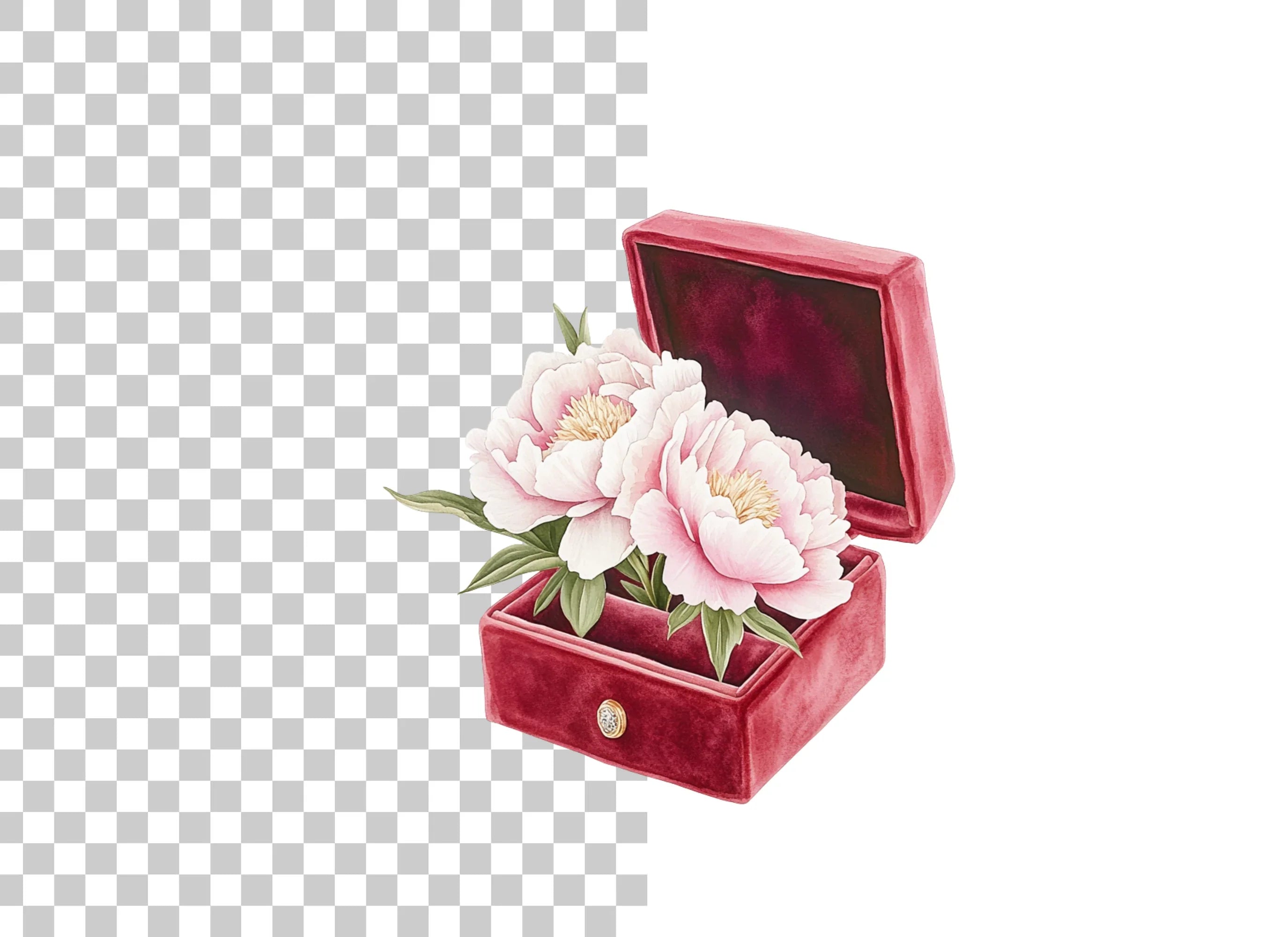 Peony Flowers in Velvet Ring Boxes Clipart Bundle