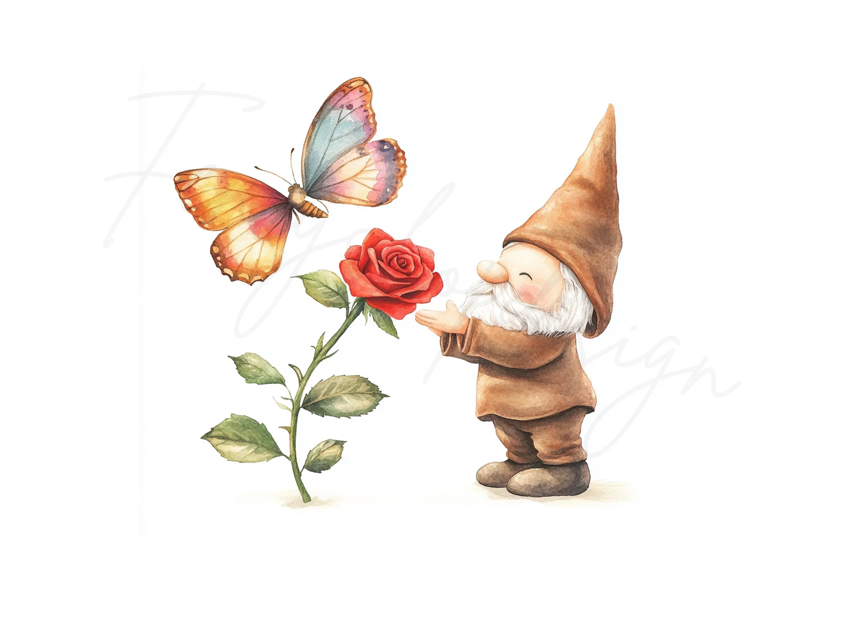 Gnome with Rose and Butterfly Clipart Bundle
