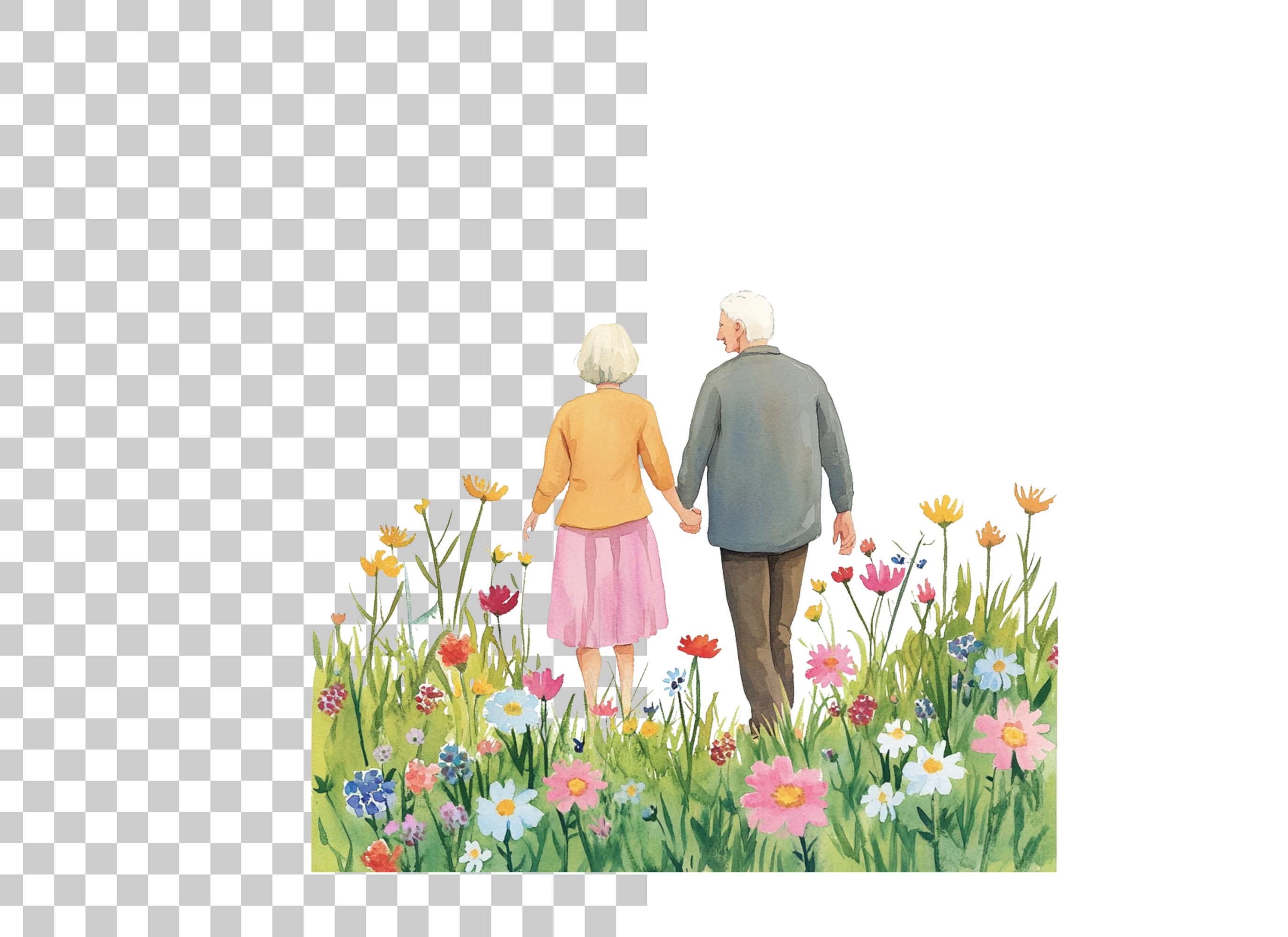 Elderly Couple Walking in Flower Field Clipart Bundle