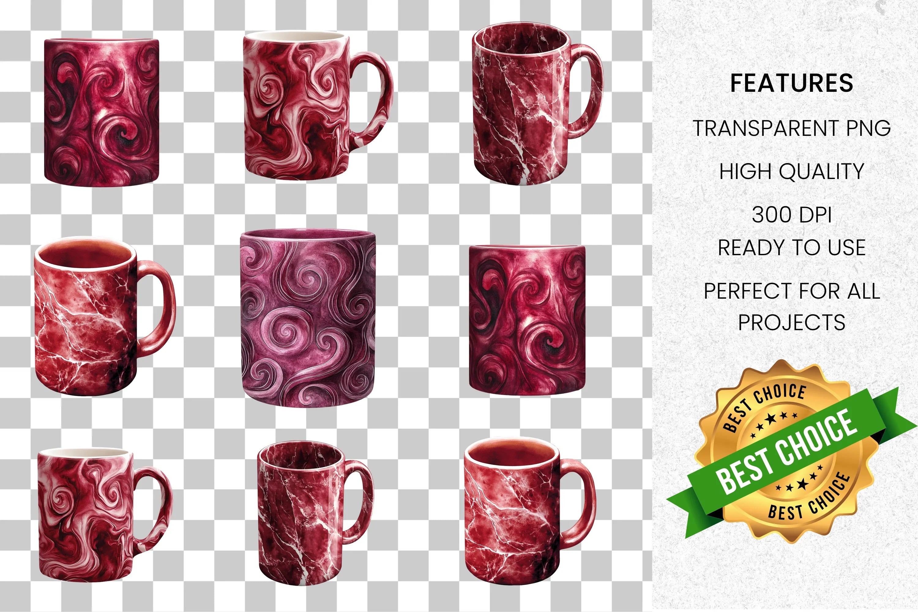 Red Marble Swirl Textured Mugs Clipart Bundle