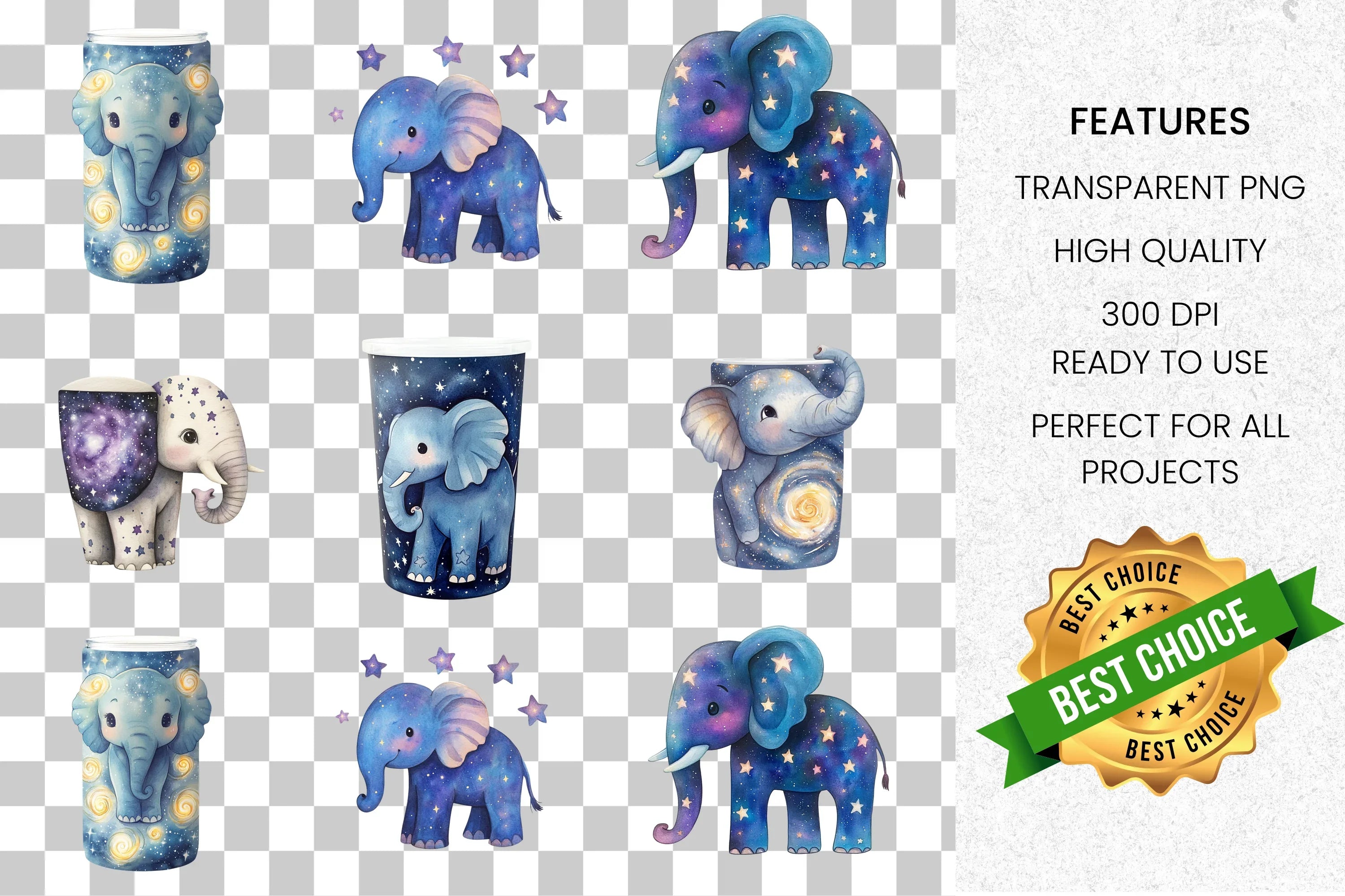 Blue Starry Elephant Jar Clipart Bundle