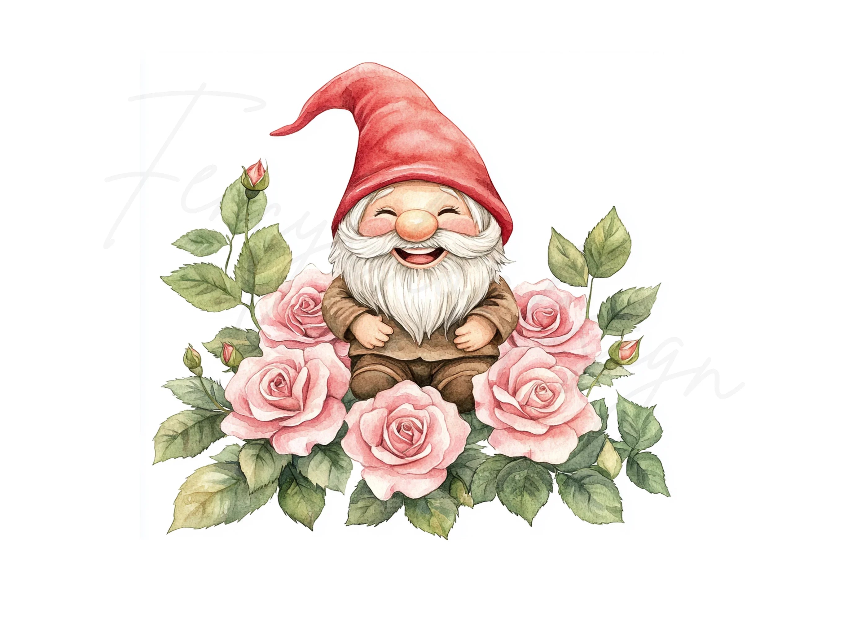 Happy Gnomes with Pink Roses Clipart Bundle