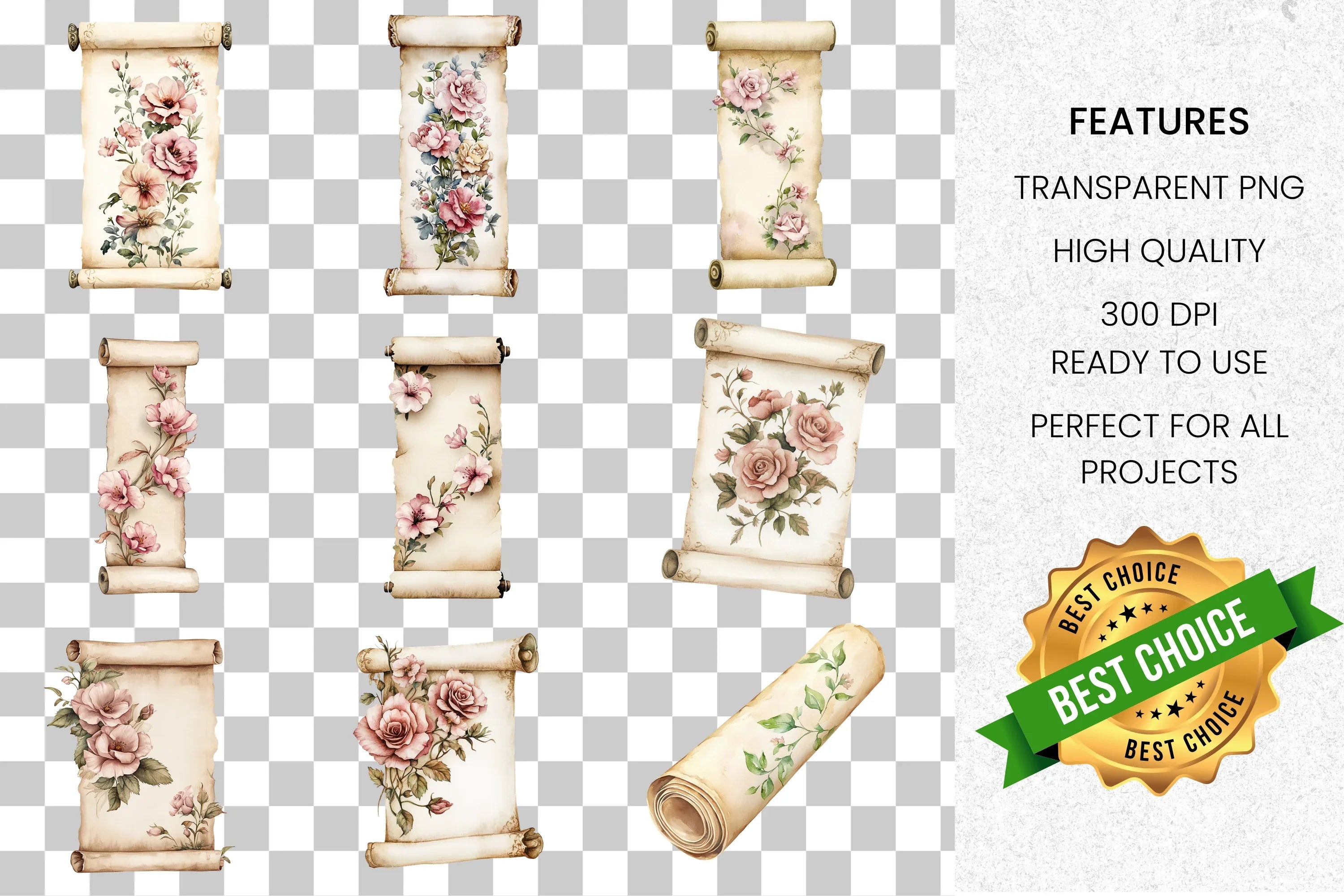 Vintage Floral Scroll Clipart Bundle