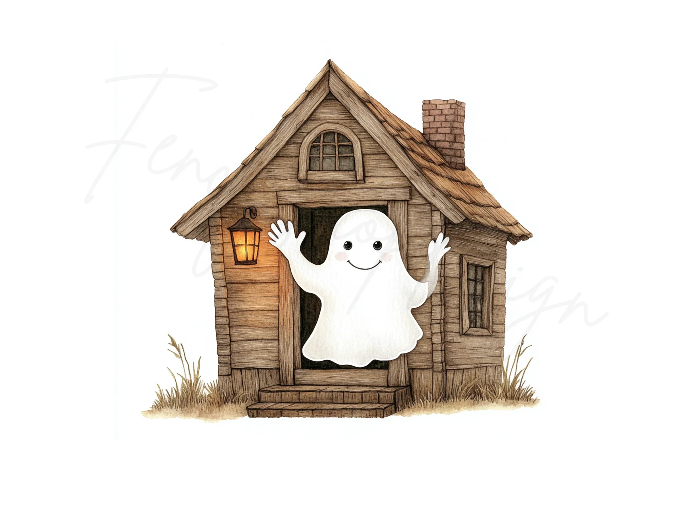 Cute Ghost in Wooden House Clipart Bundle