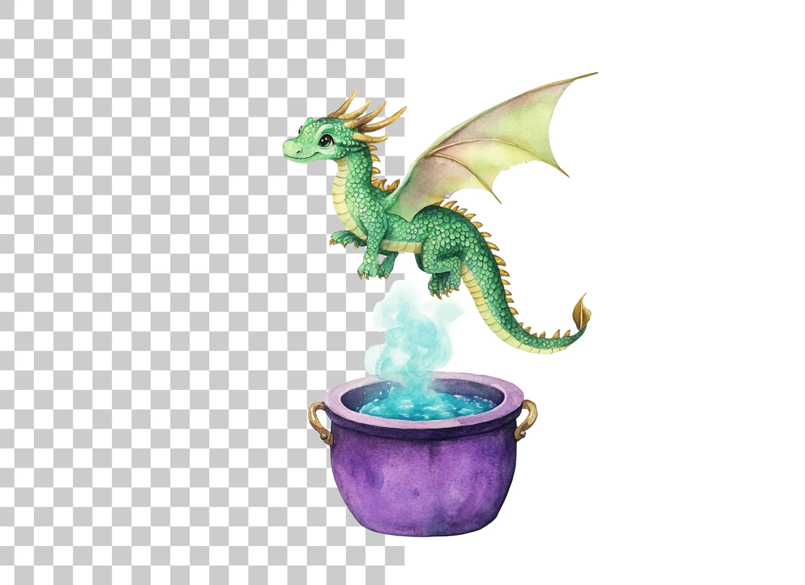 Green Dragon Flying Over Cauldron Clipart Bundle