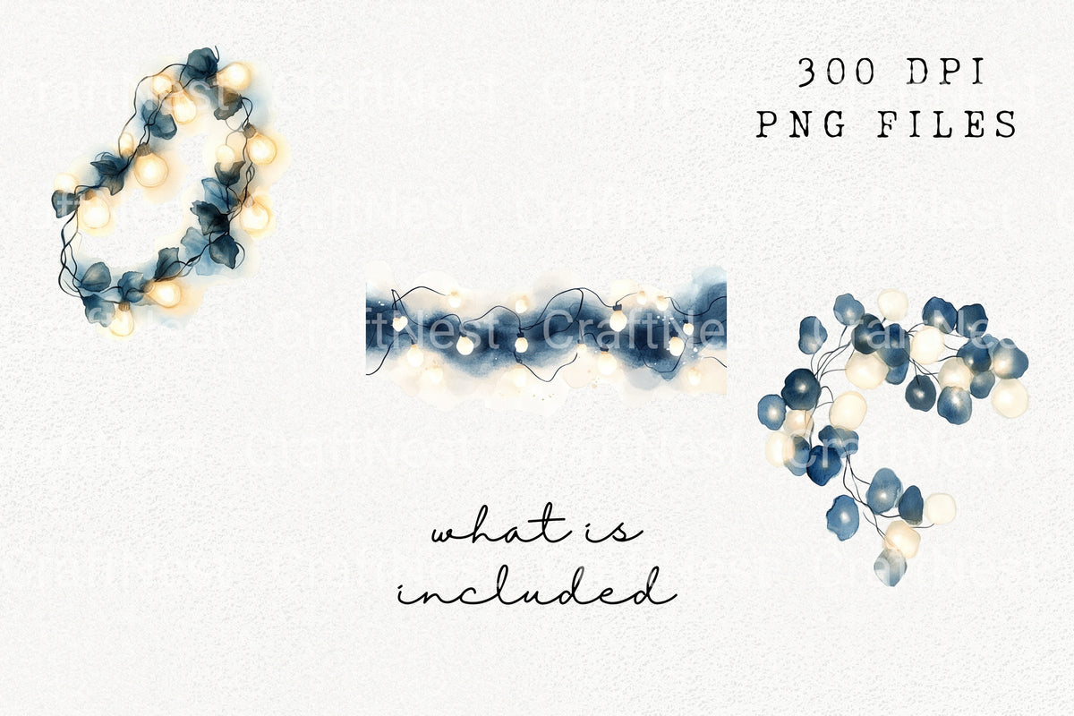 Navy Blue String Lights Clipart Bundle