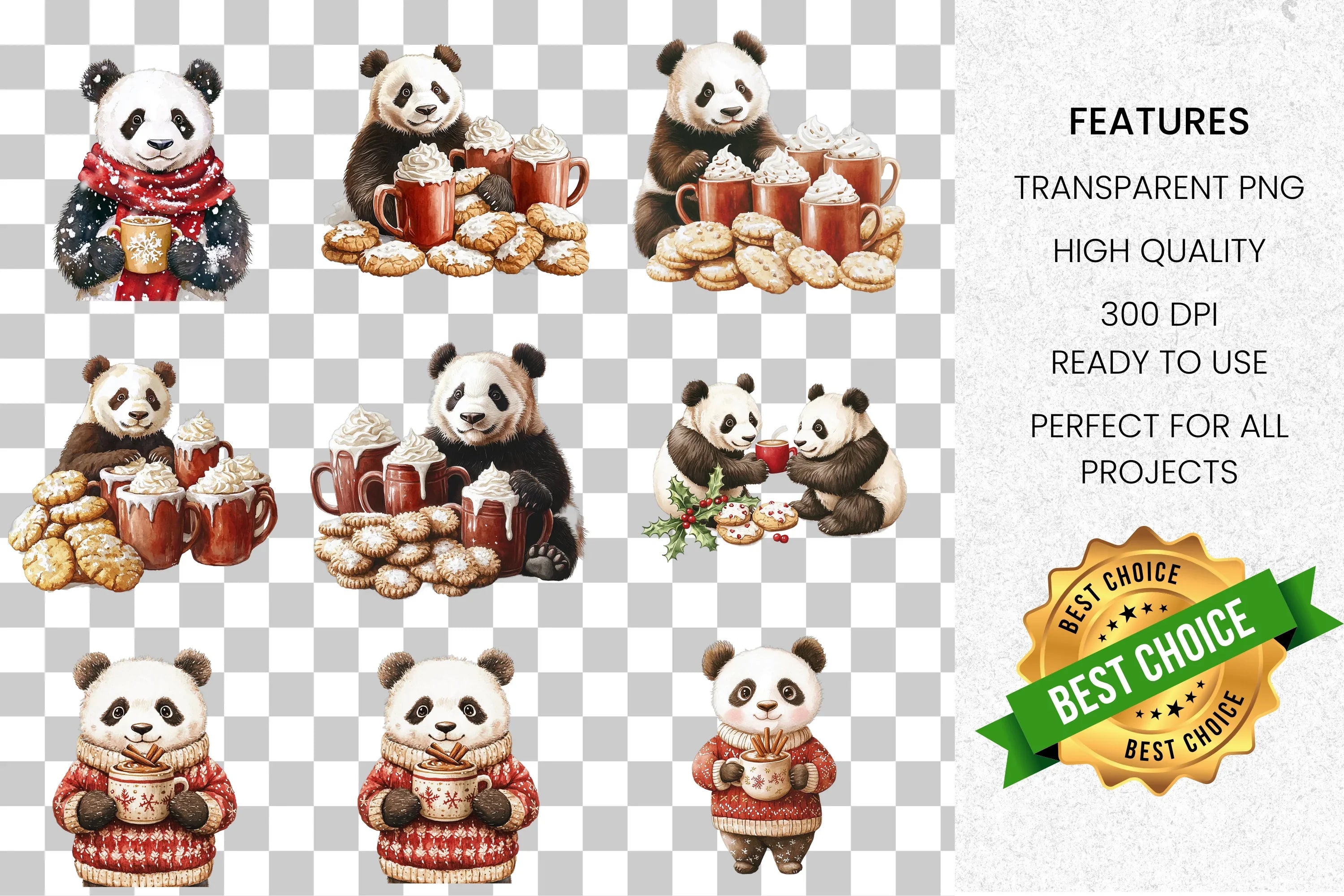 Cute Panda Winter Hot Chocolate Clipart Bundle