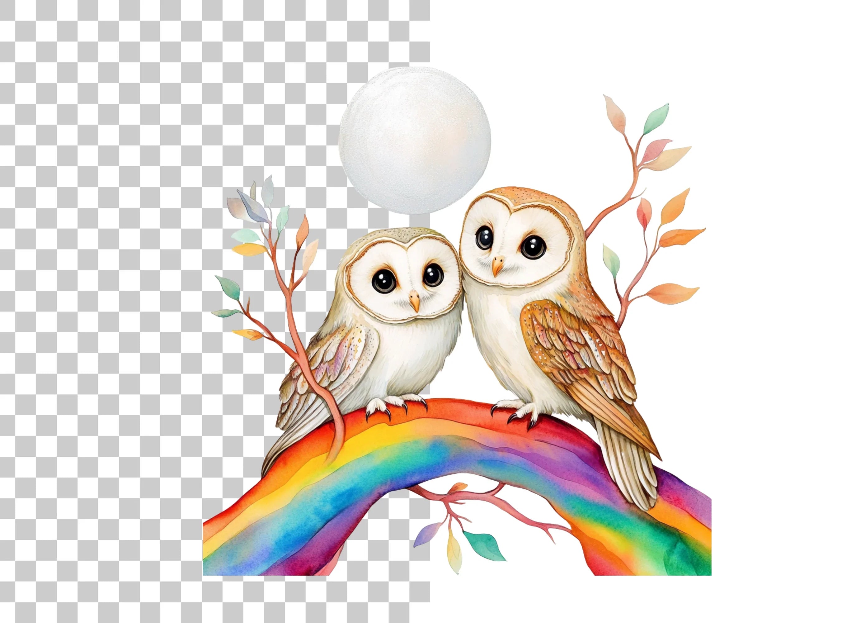 Cute Owl Couple on Rainbow Branch Clipart Bundle