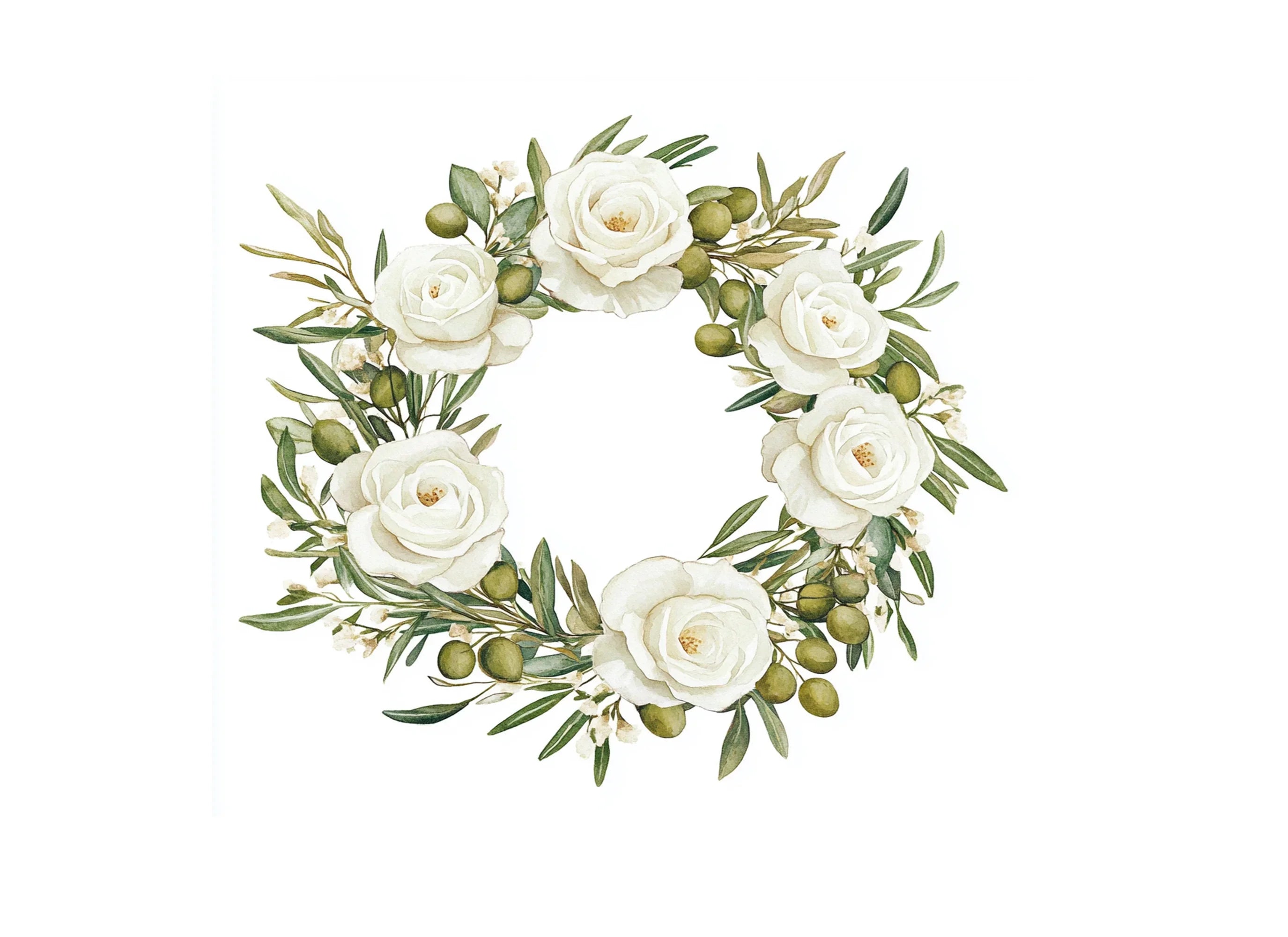 White Rose Olive Wreath Clipart Bundle
