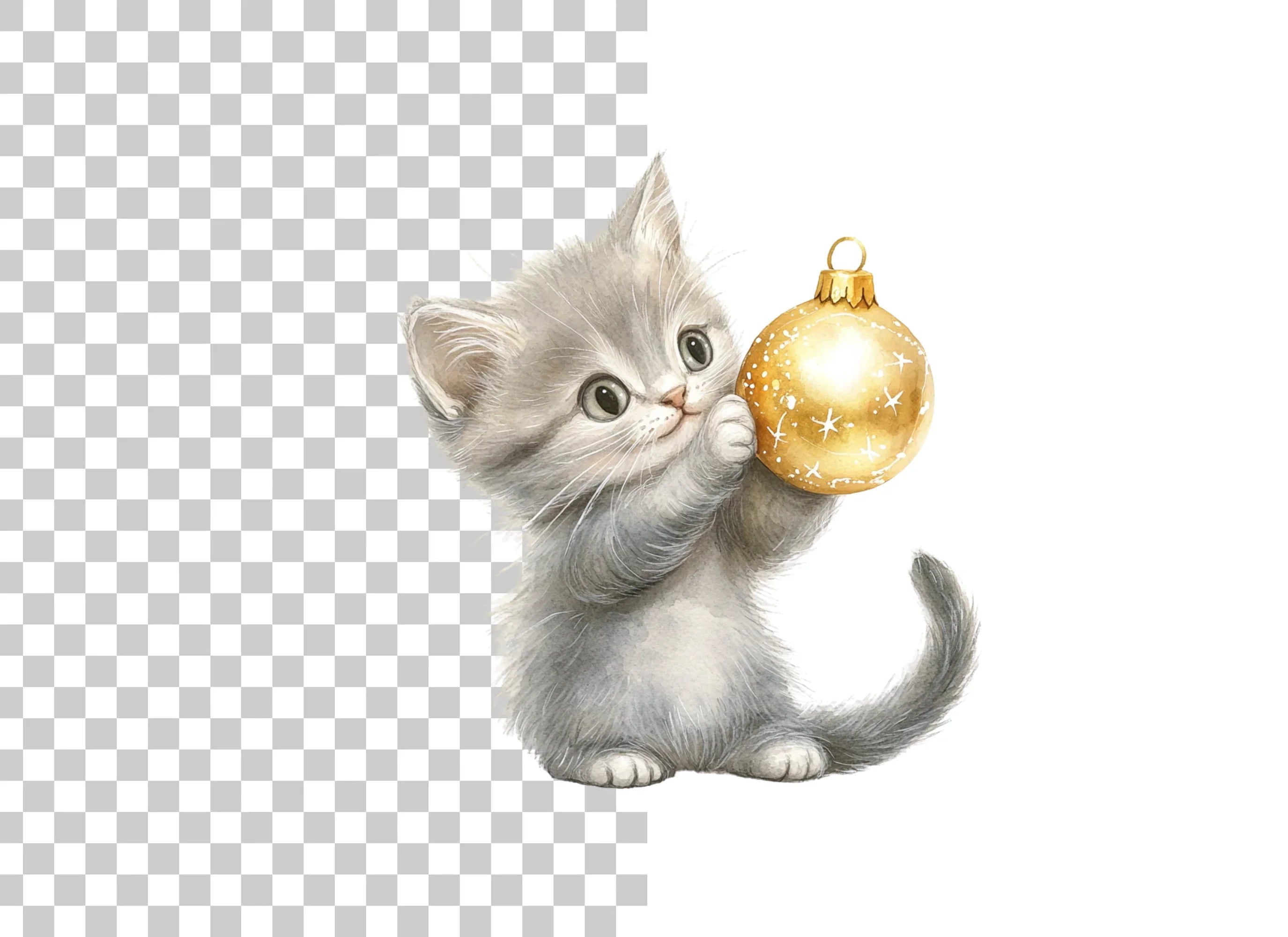 Gray Kittens Playing With Gold Ornaments Clipart Bundle