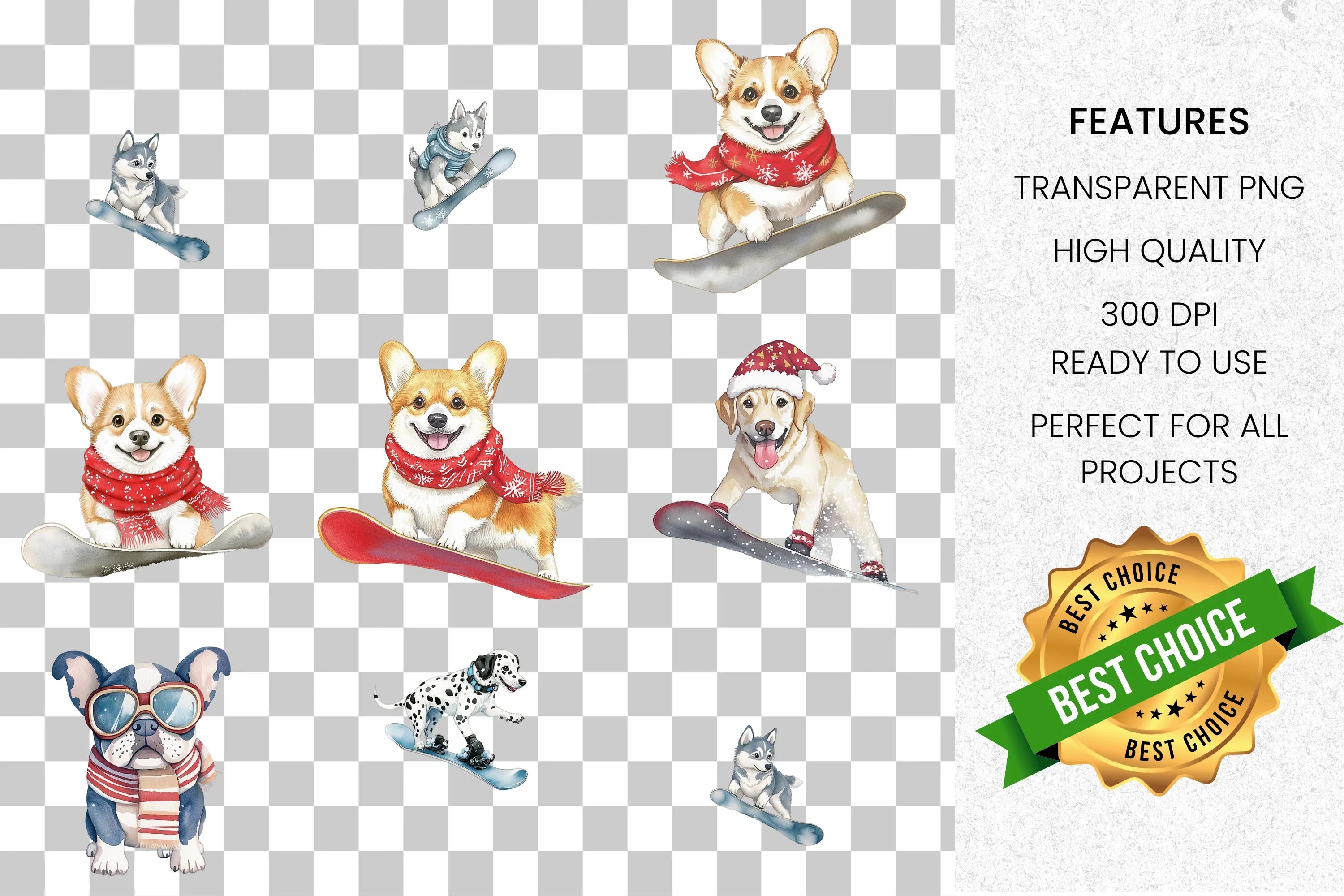 Cute Corgi Dogs Snowboarding Clipart Bundle