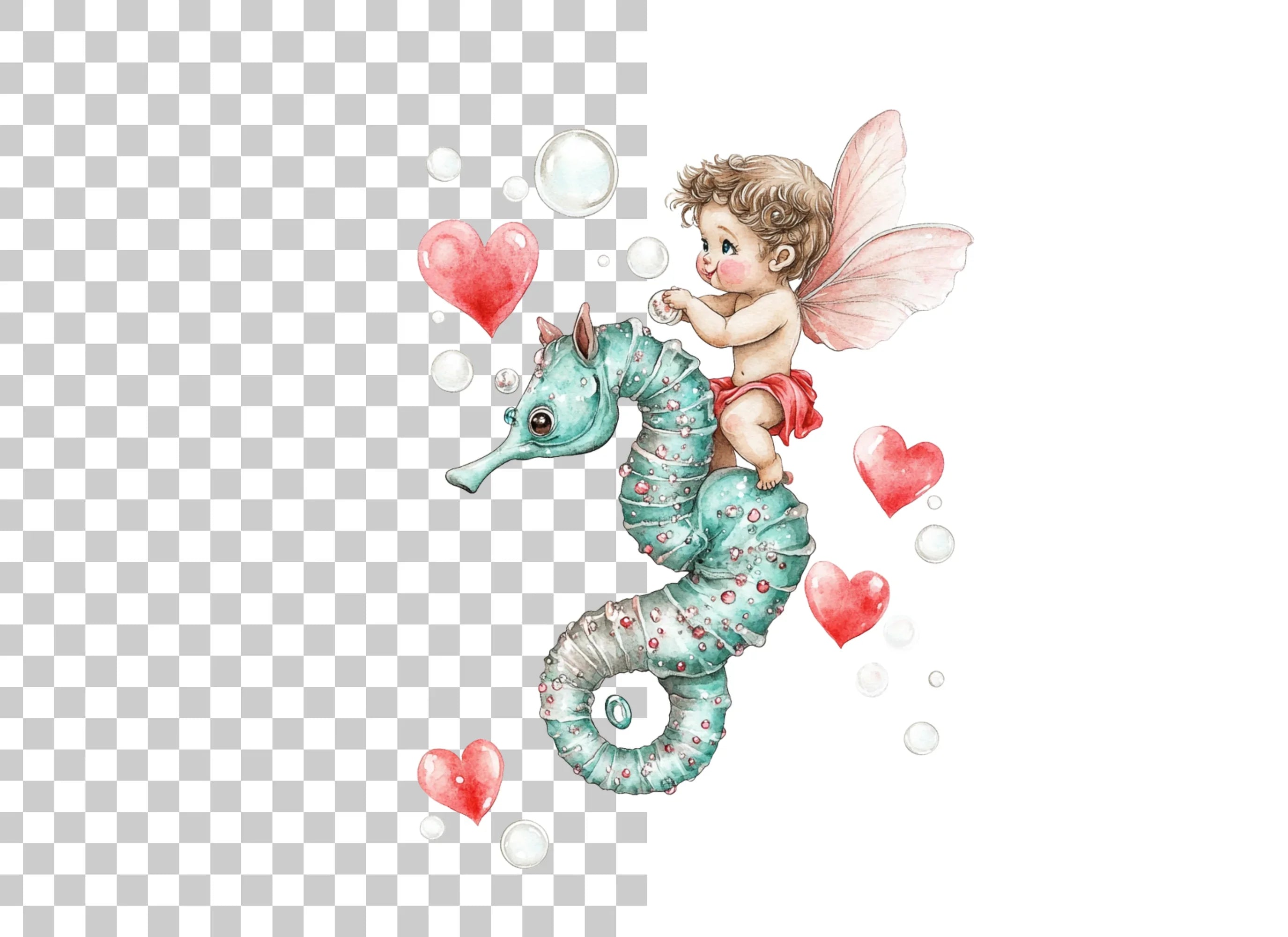 Cute Cupid Riding Seahorse Clipart Bundle