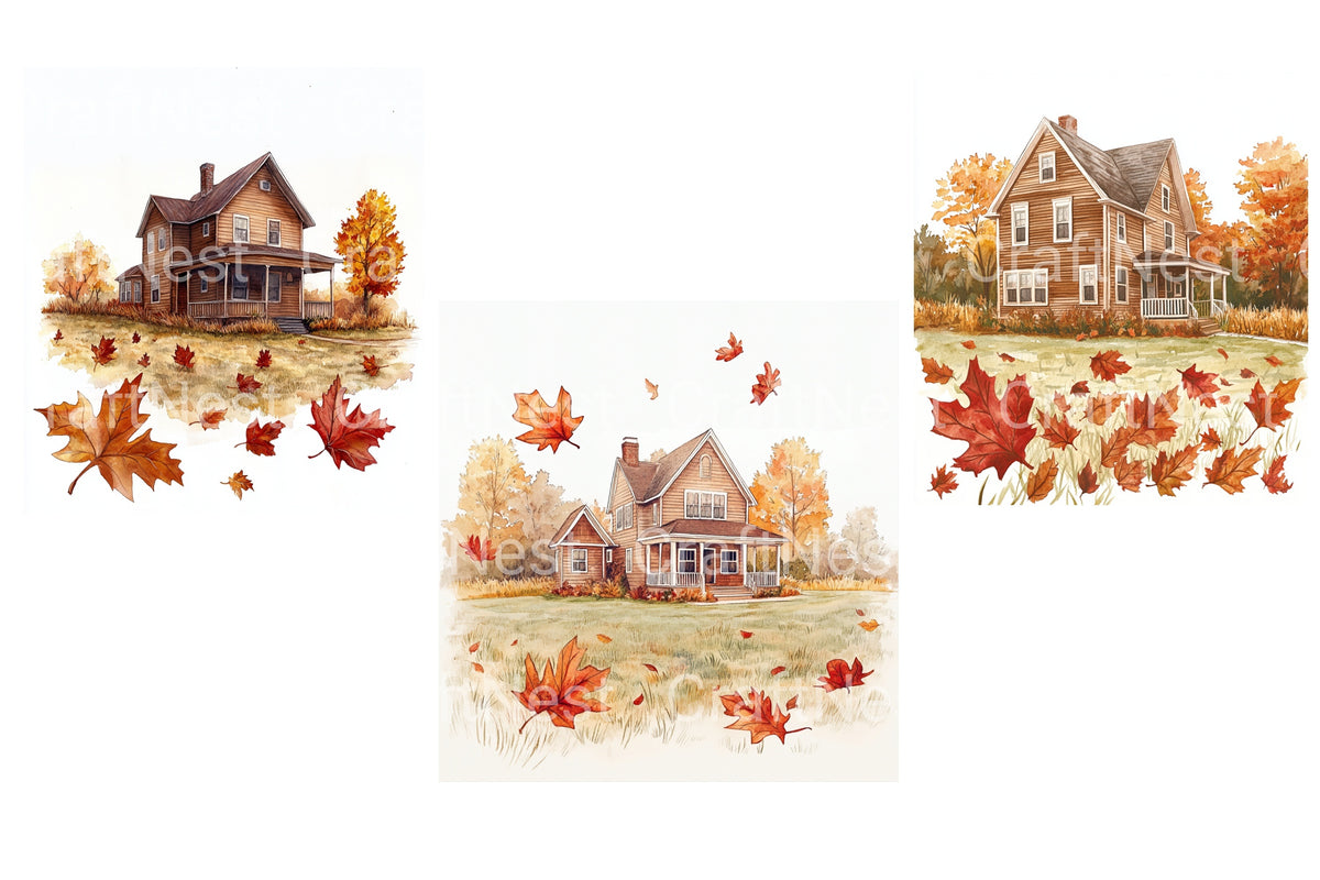 Autumn Farmhouse With Falling Leaves Clipart Bundle