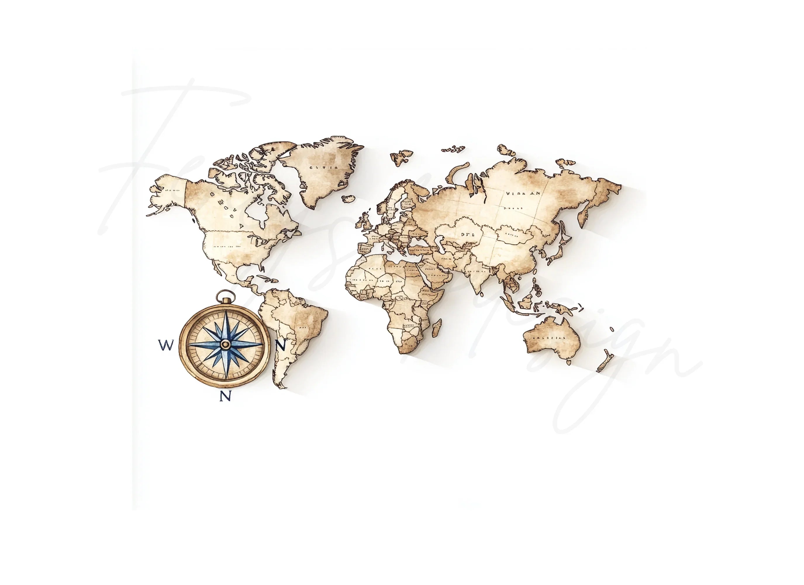 Vintage World Map Compass Clipart Bundle