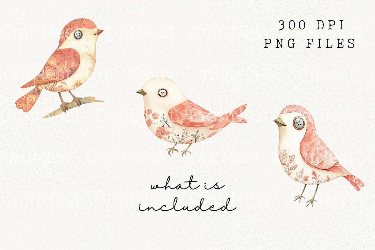 Quilted Red Bird Decorative Clipart Bundle