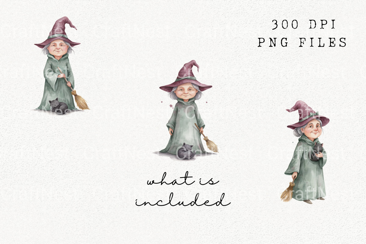 Cute Halloween Witch Cat Clipart Bundle