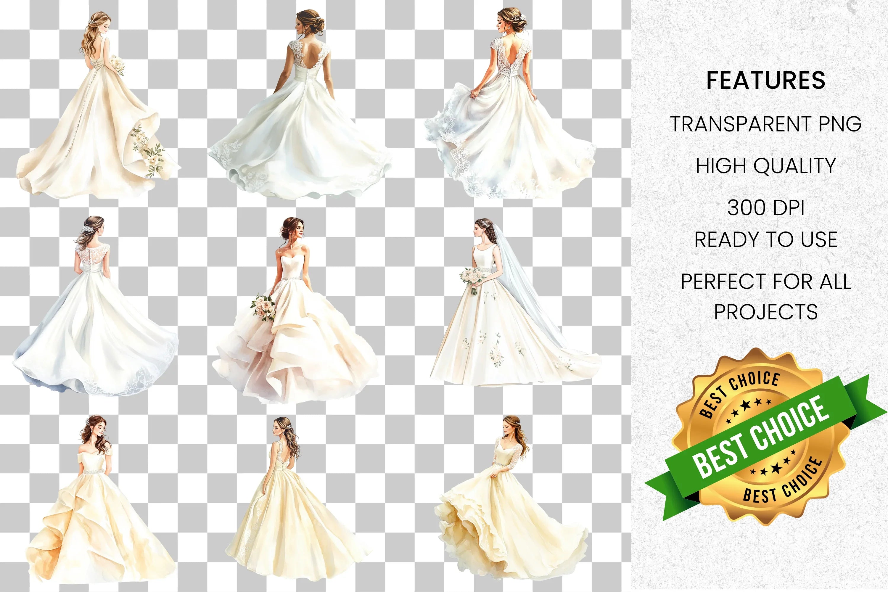 Elegant Wedding Dress Clipart Bundle