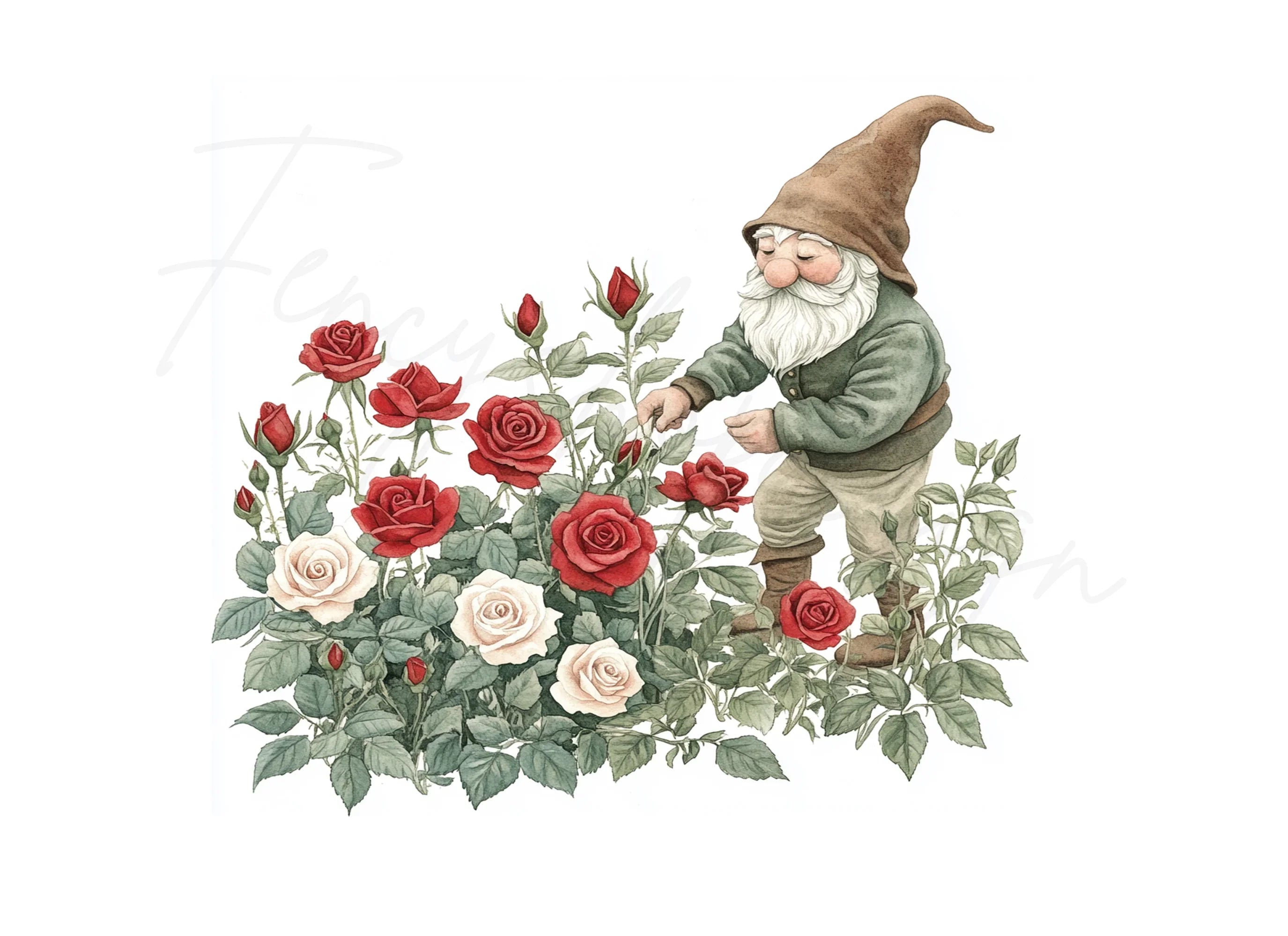 Garden Gnomes Tending Rose Bushes Clipart Bundle