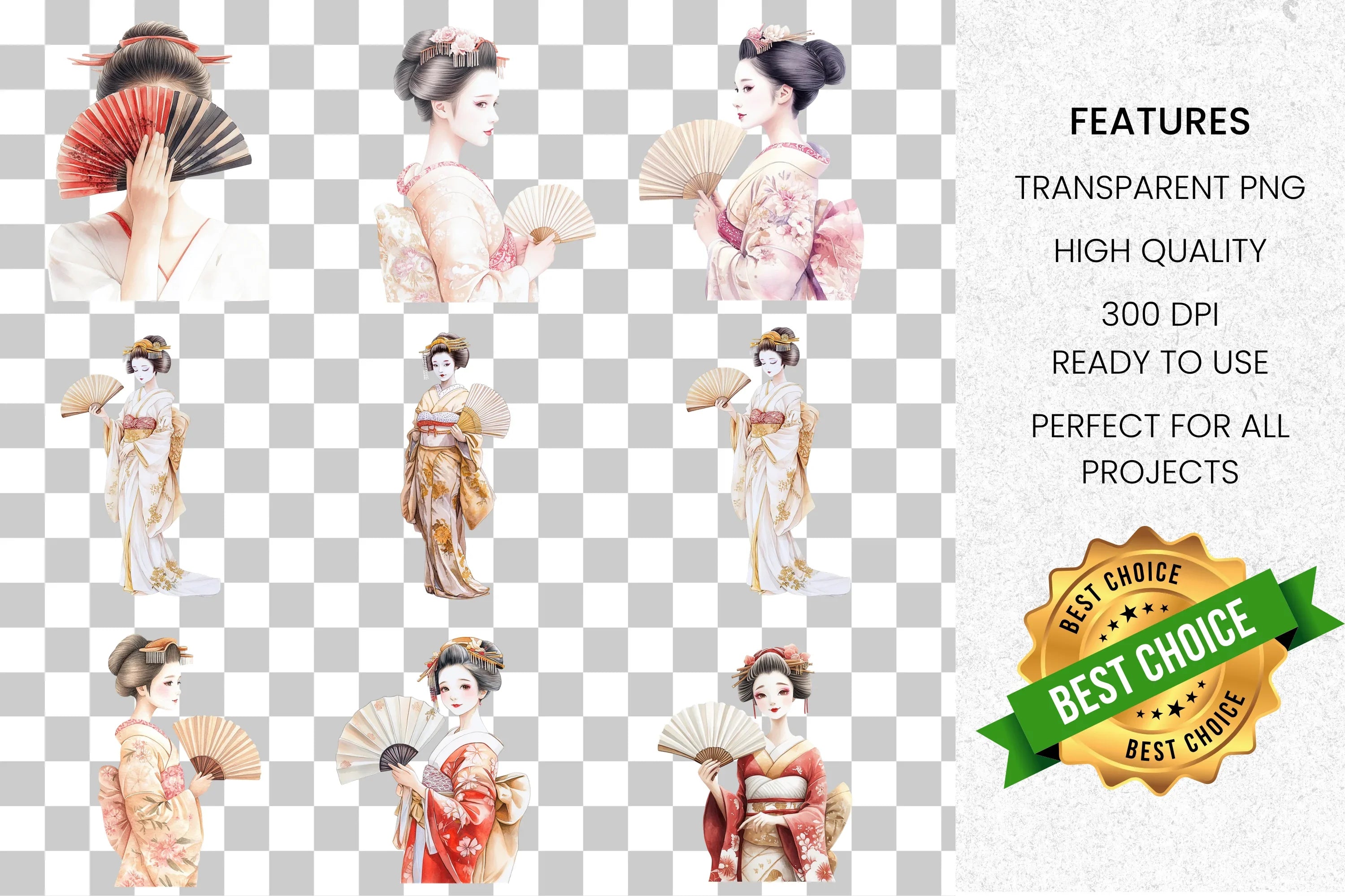 Geisha Ladies with Fans Clipart Bundle
