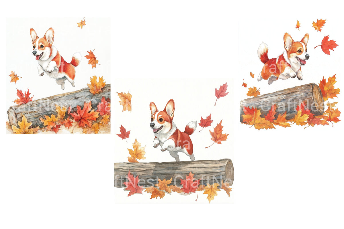 Playful Corgi Autumn Leaves Clipart Bundle