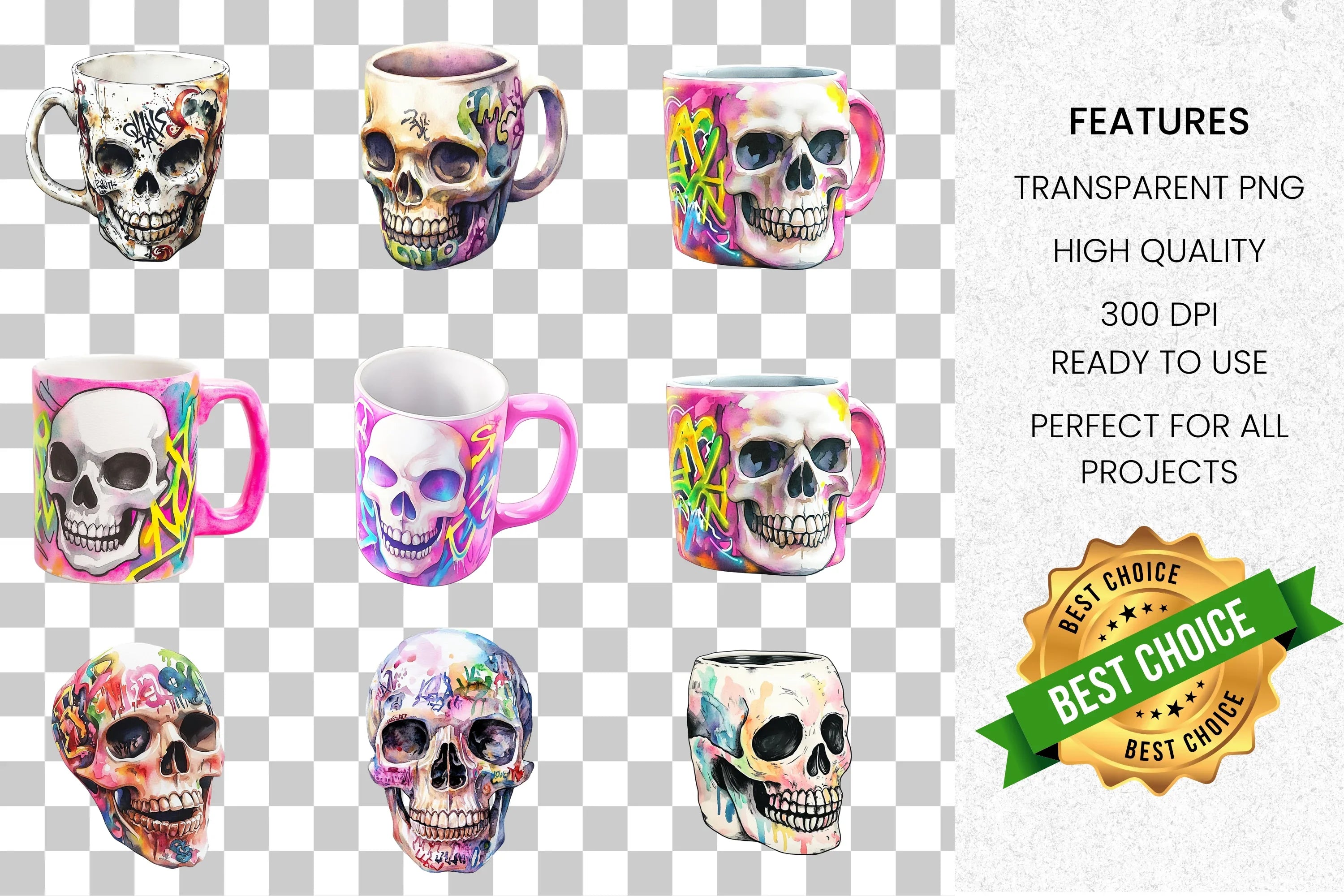 Vibrant Sugar Skull Clipart Bundle
