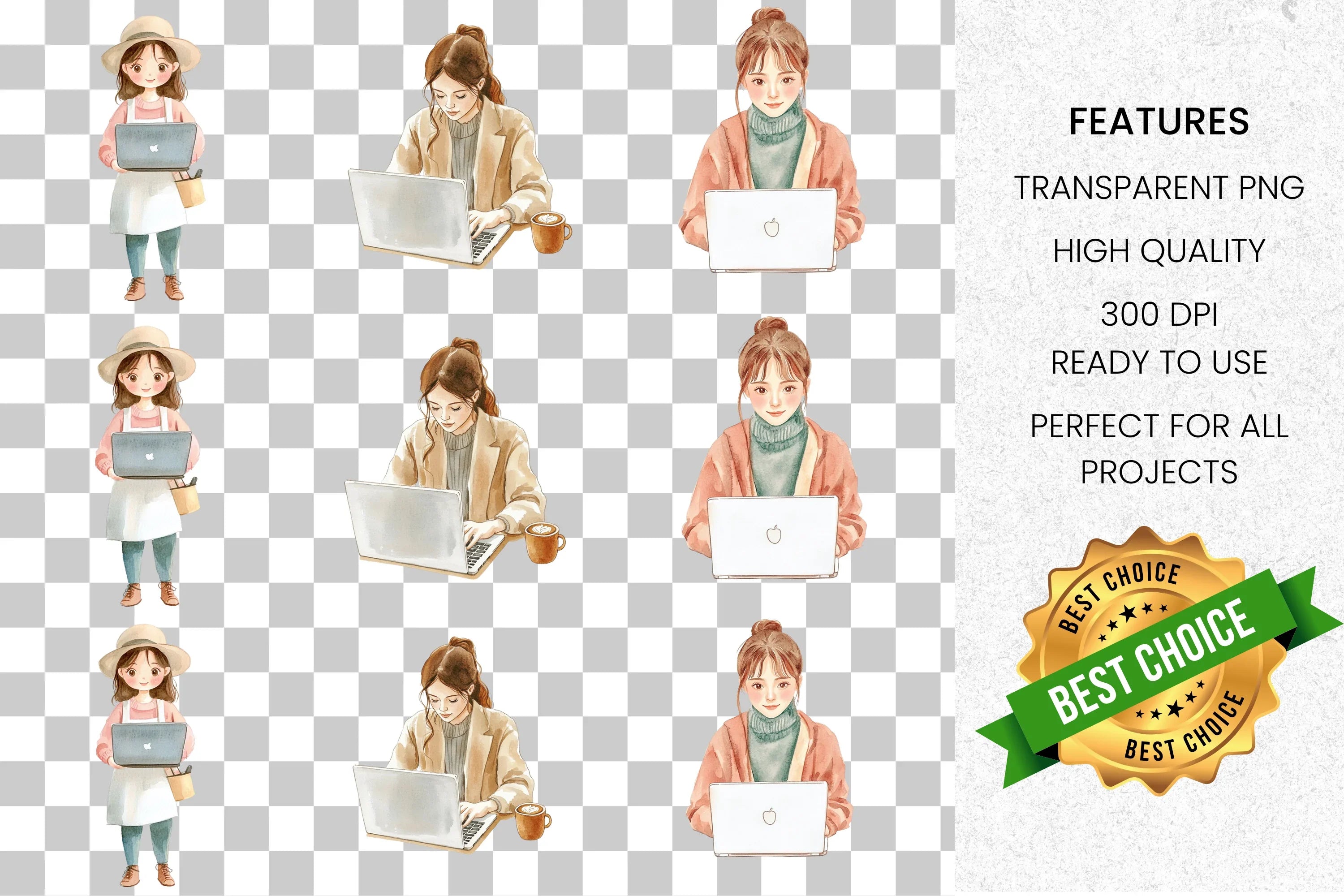 Young Women Working with Laptops Clipart Bundle