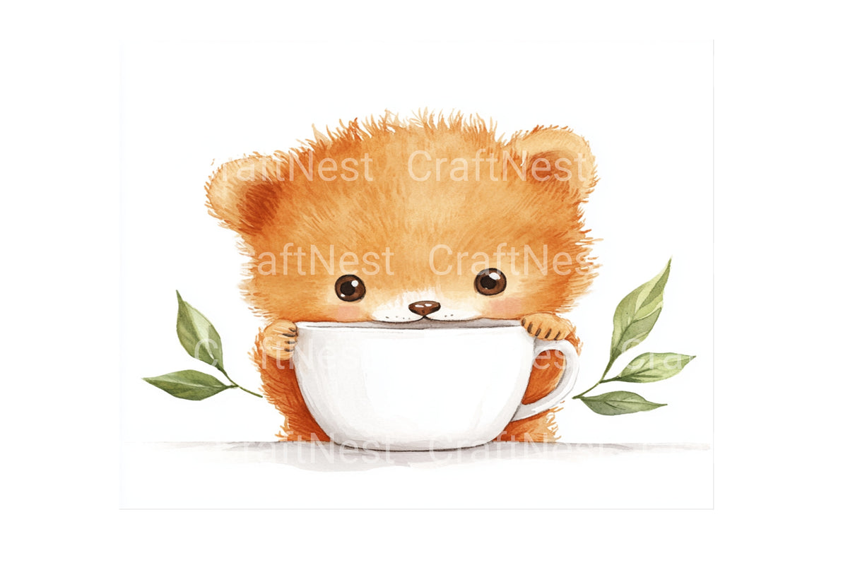 Adorable Bear Cub With Teacup Clipart Bundle