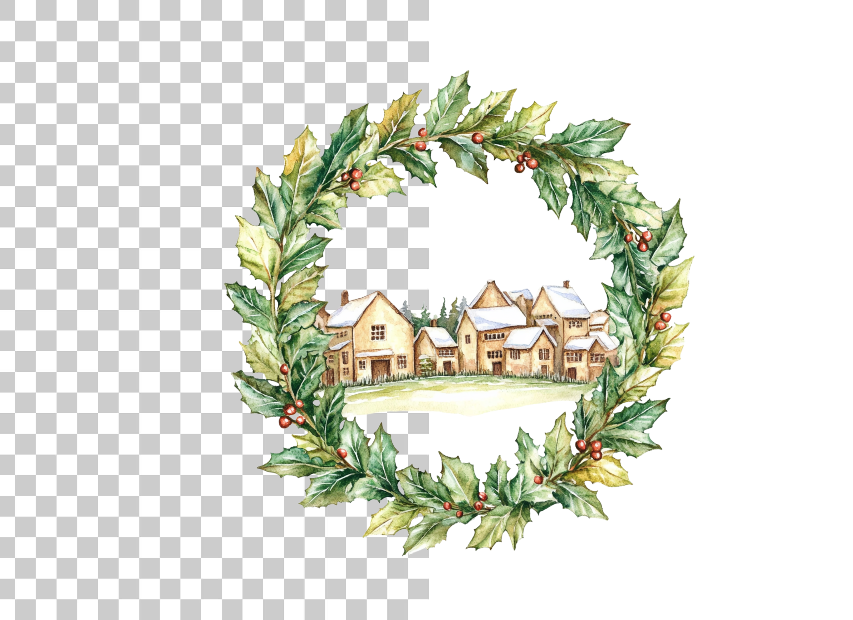 Holly Wreath Winter Village Clipart Bundle