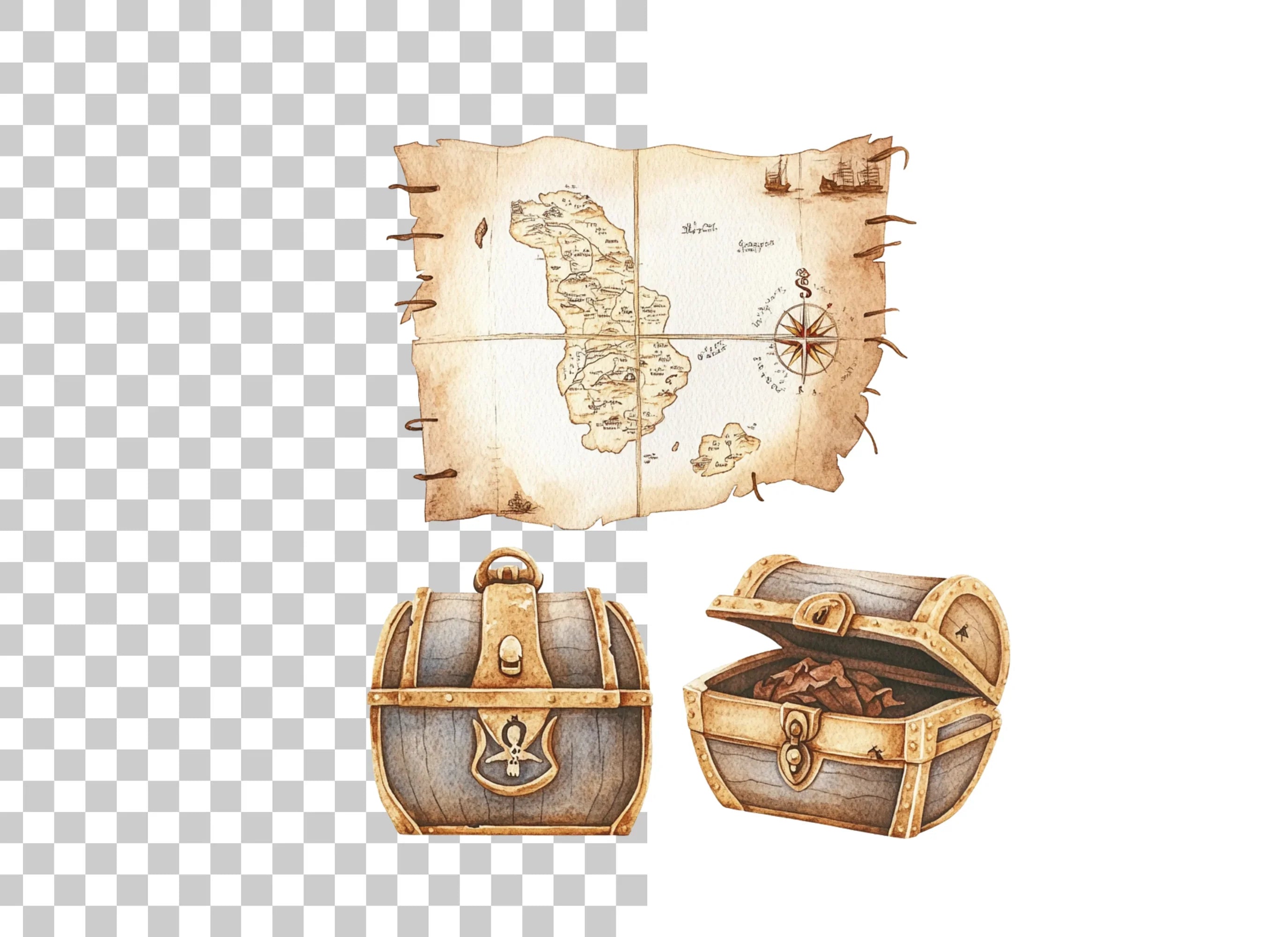 Pirate Treasure Map and Chests Clipart Bundle