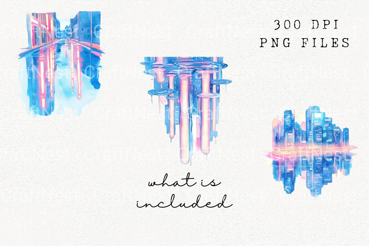 Neon City Rainy Clipart Bundle