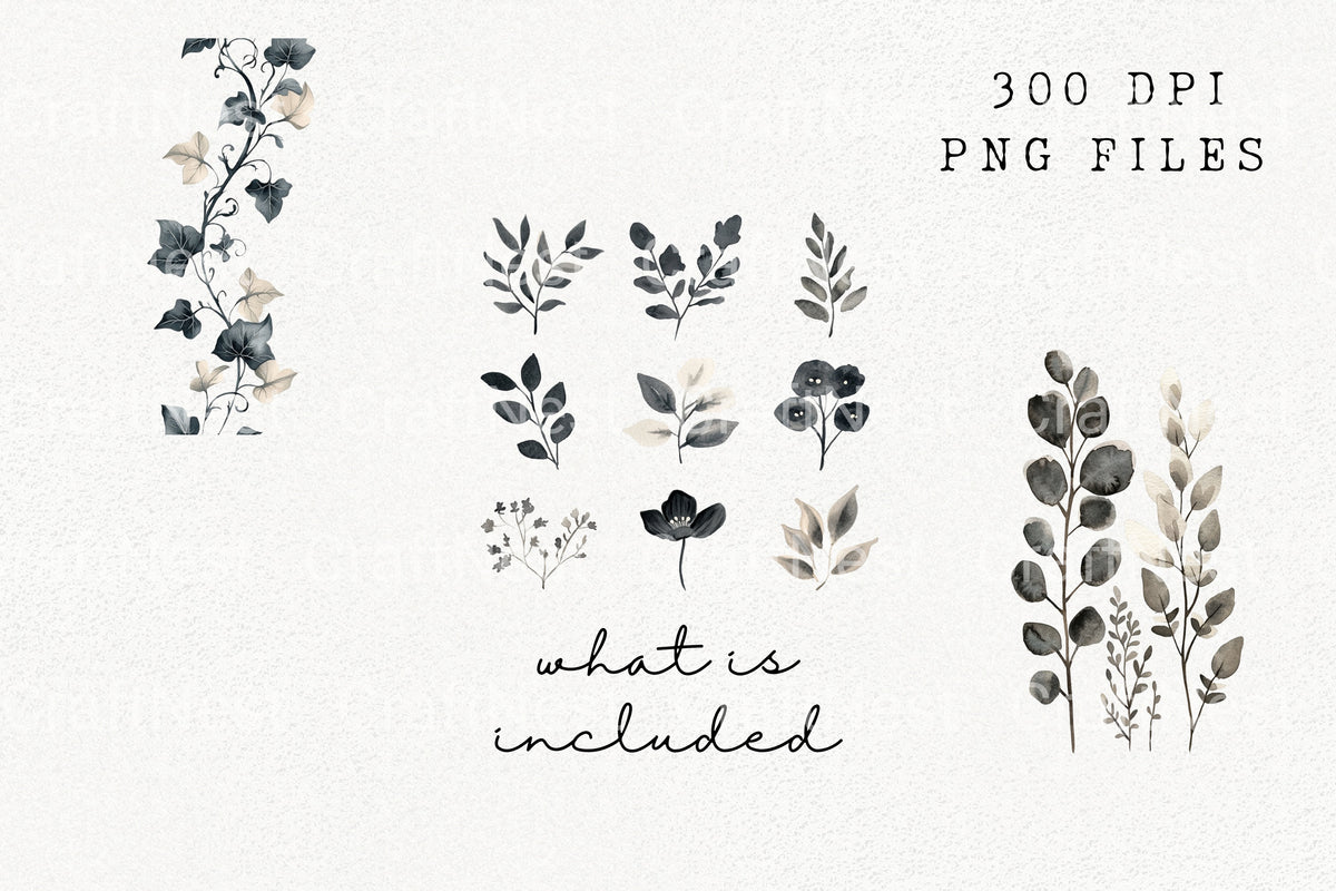 Monochrome Botanical Leaf Flower Clipart Bundle