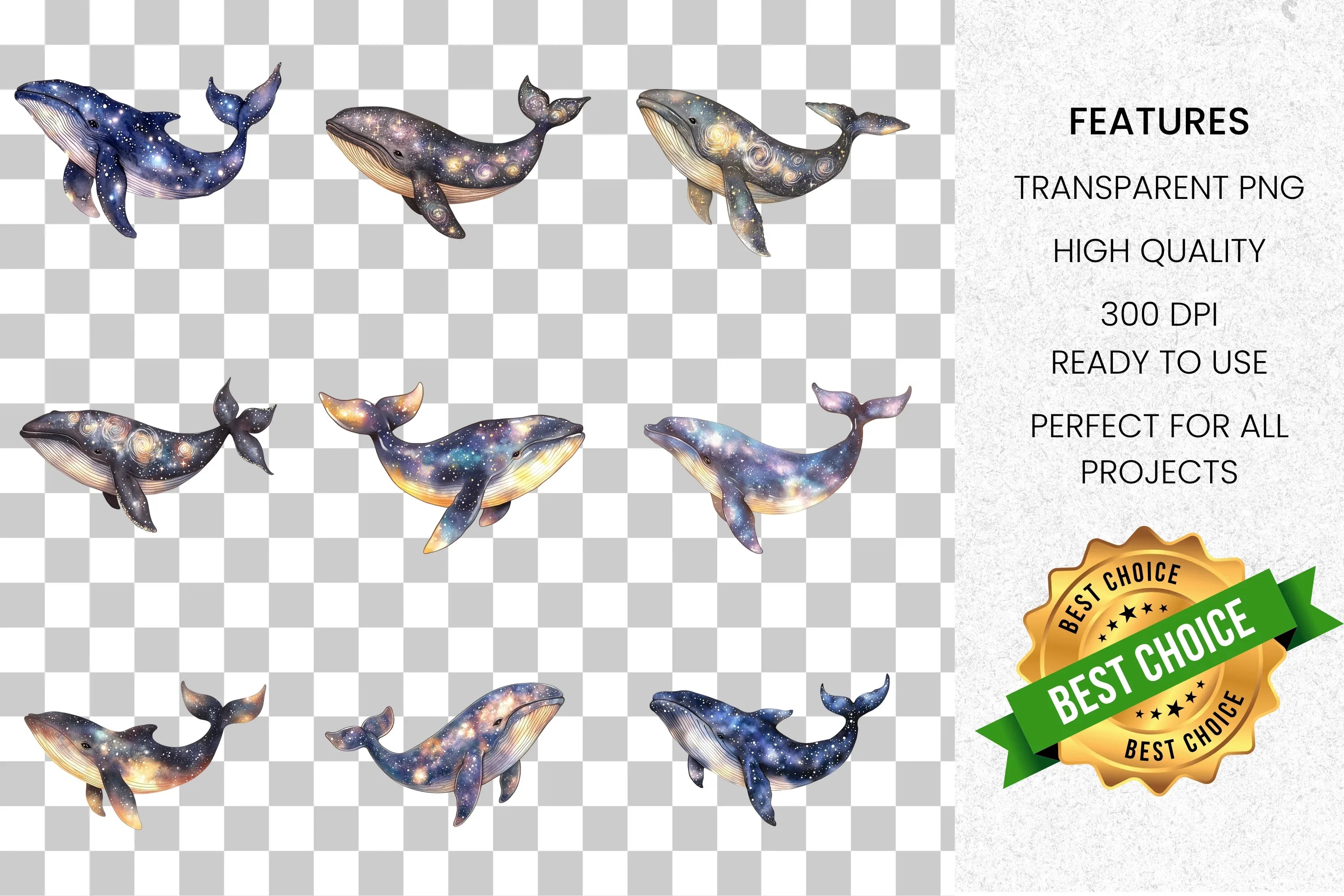 Galaxy Whale Clipart Bundle