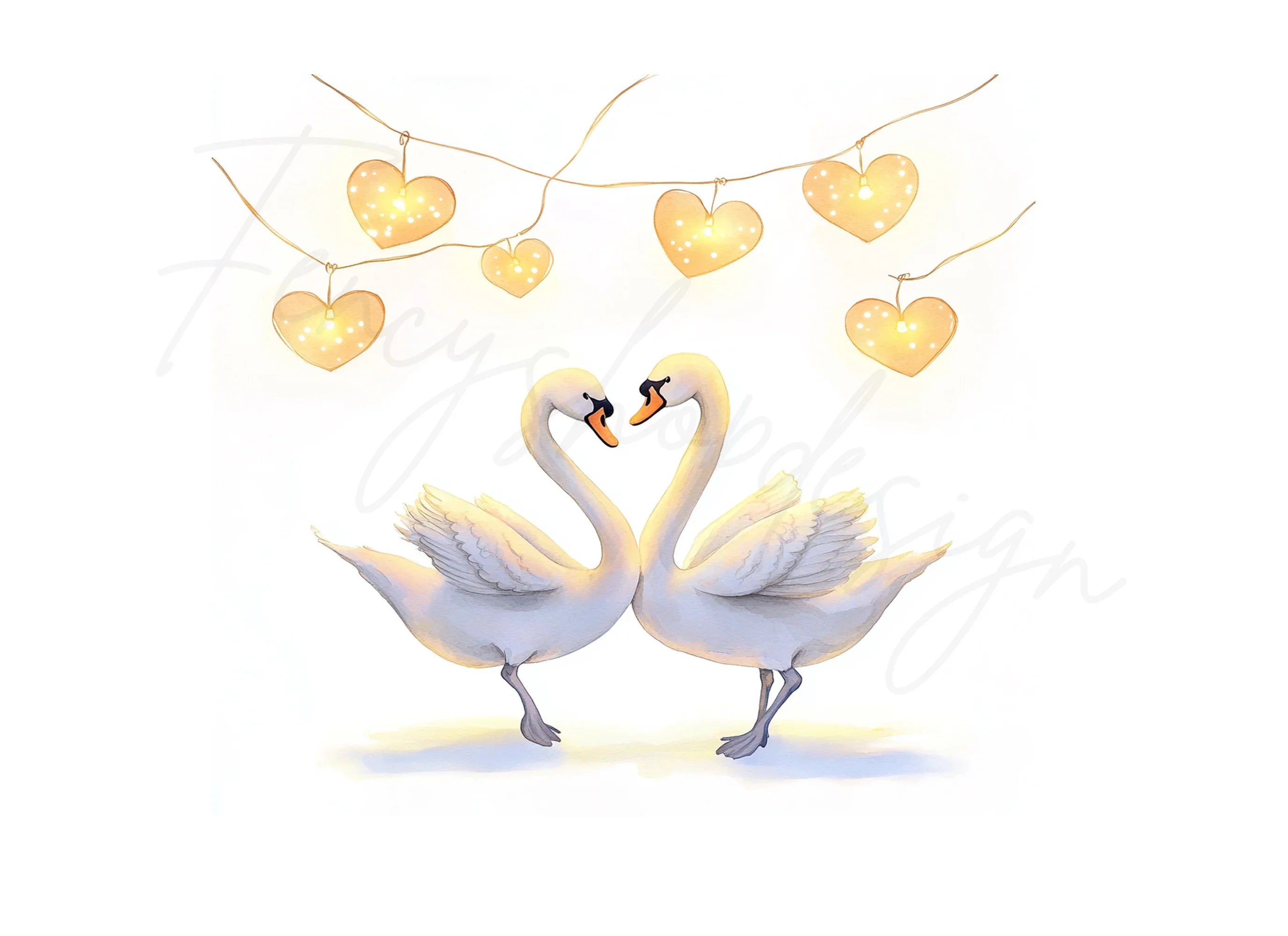 Elegant Swans with Heart String Lights Clipart Bundle