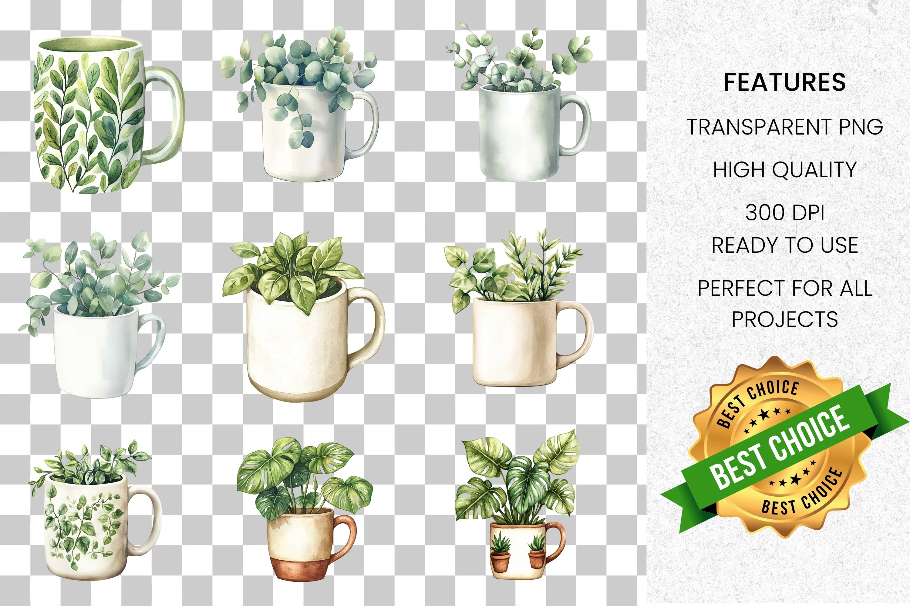 Green Plants Mugs Clipart Bundle