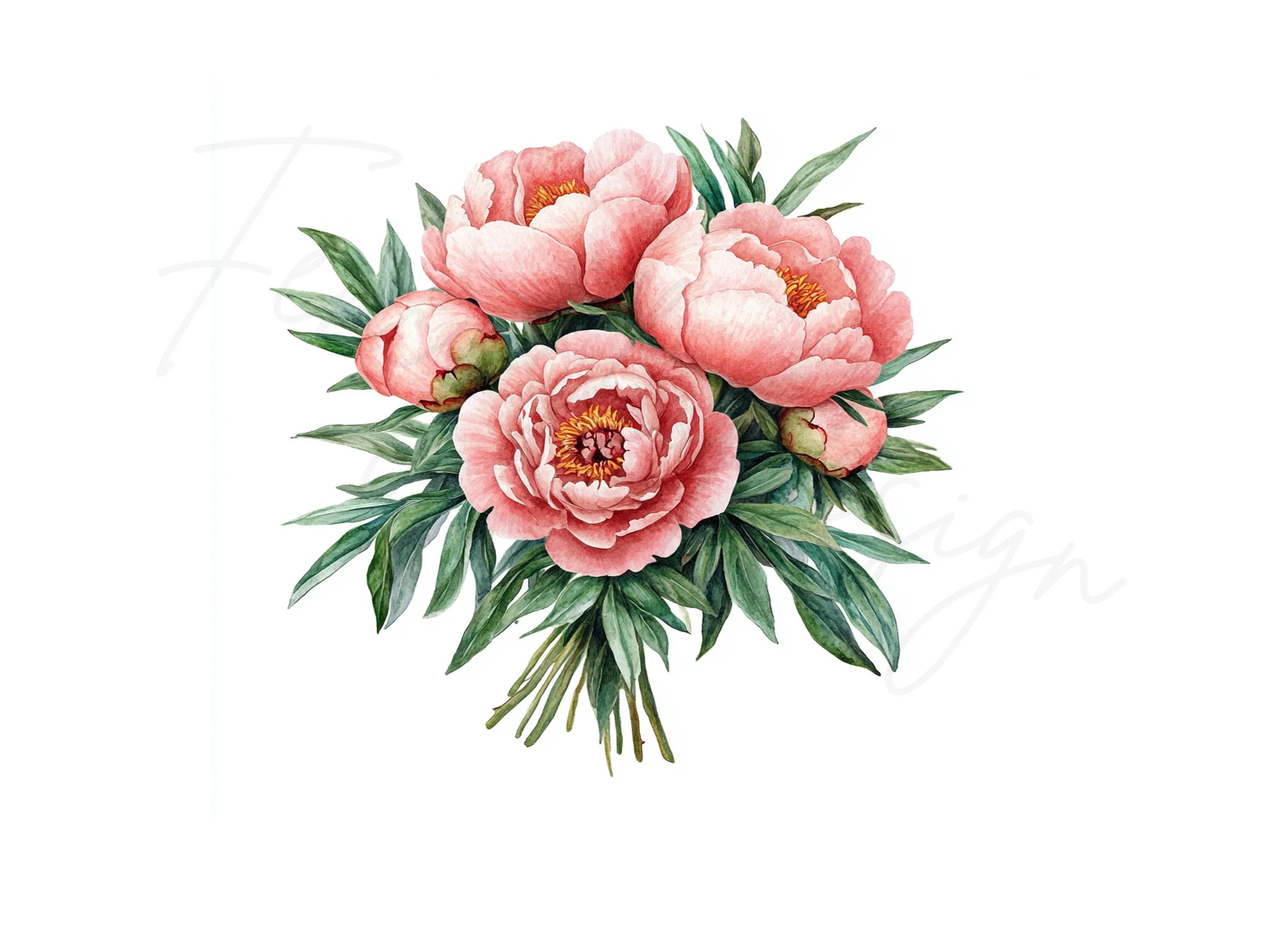 Beautiful Pink Peony Bouquet Clipart Bundle