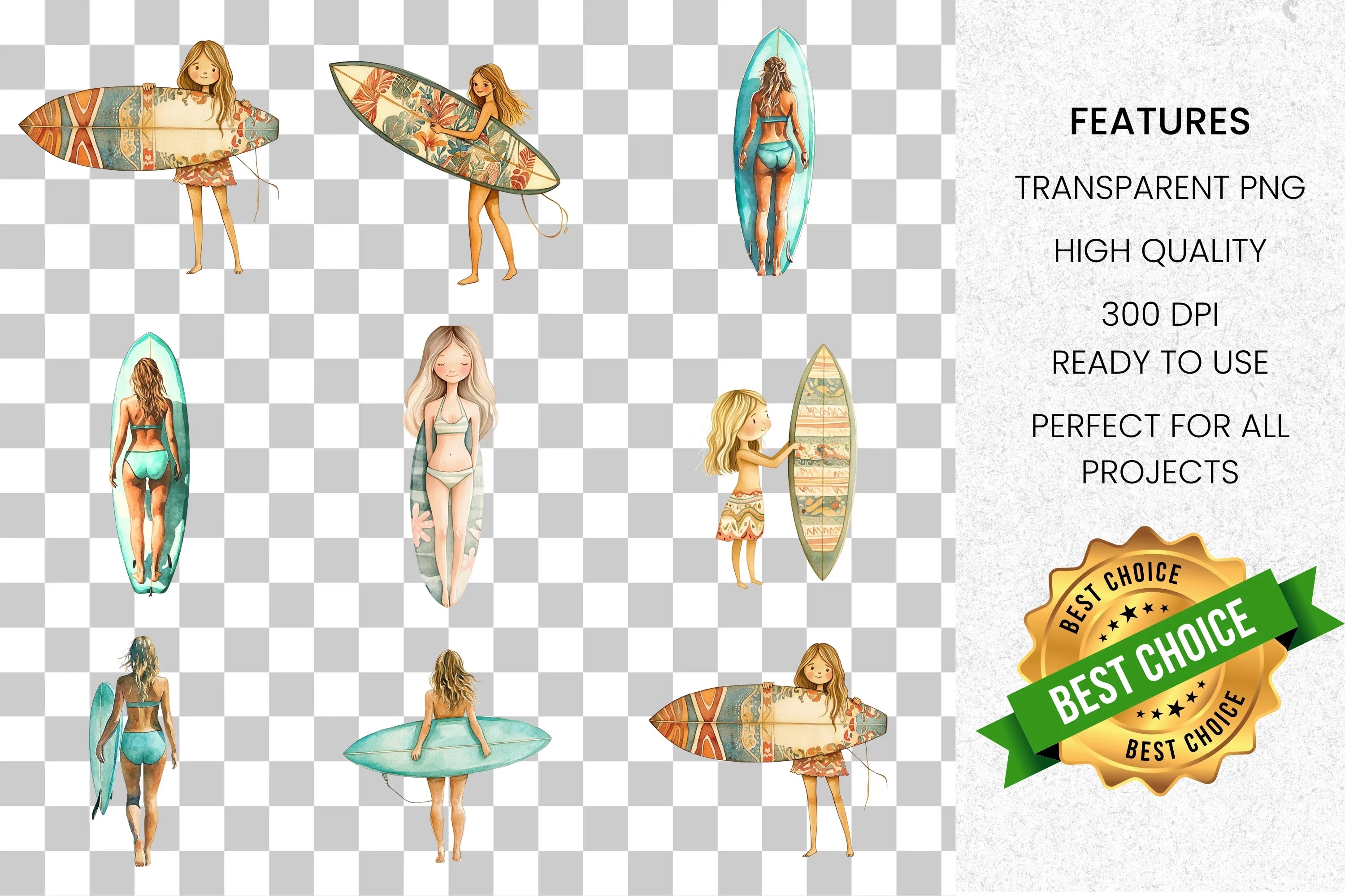 Boho Surfer Girls Clipart Bundle