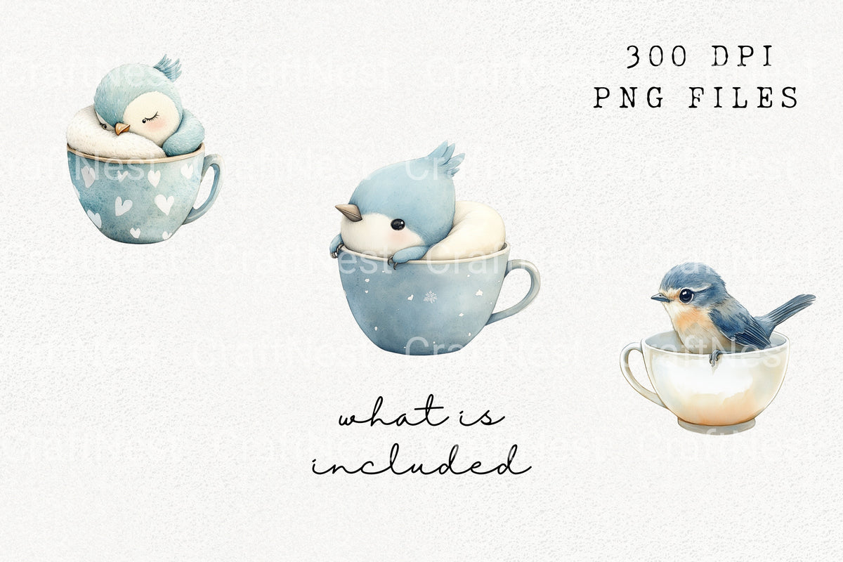 Cozy Blue Birds In Winter Cups Clipart Bundle