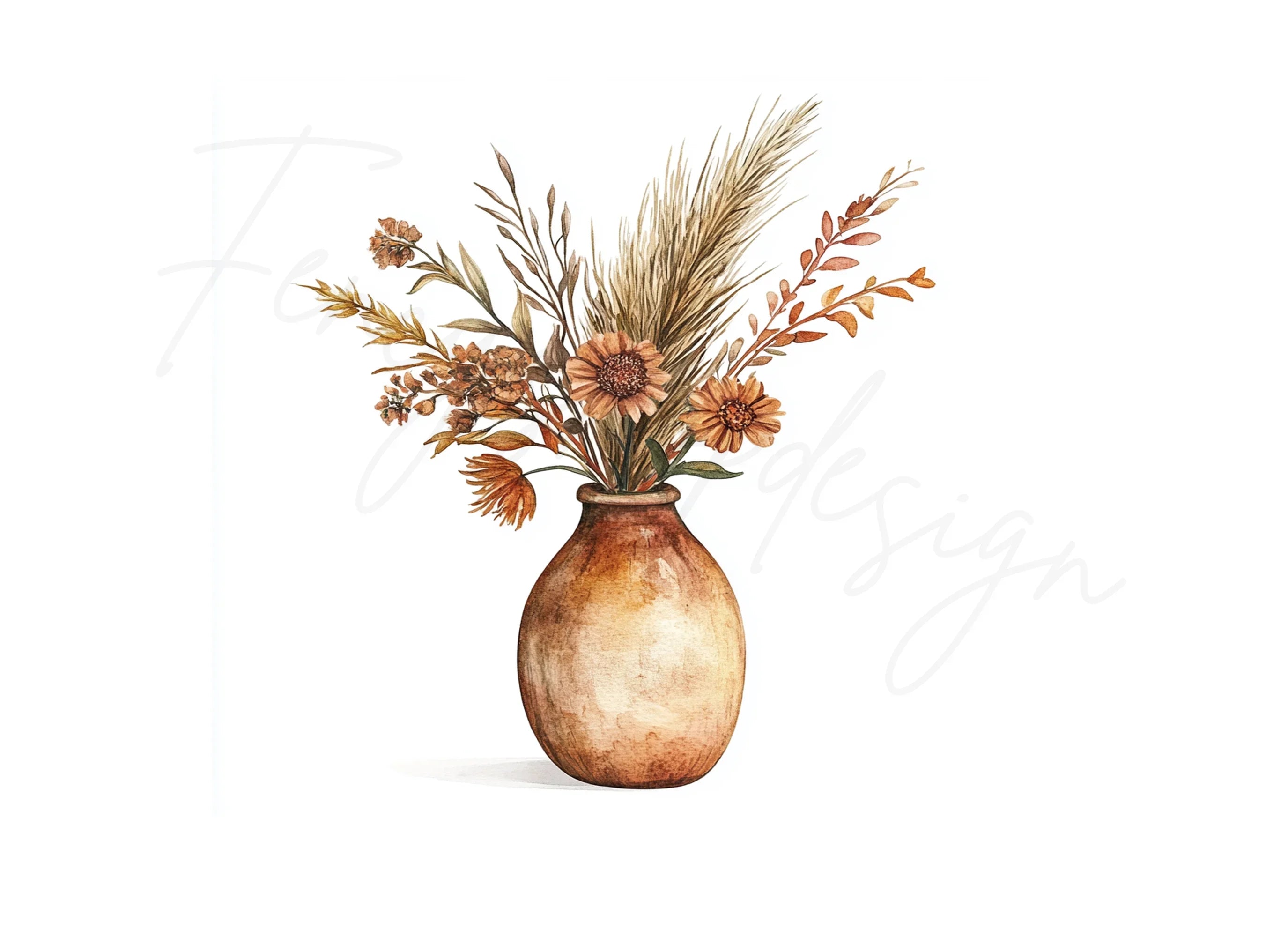 Boho Pampas Grass & Floral Vases Clipart Bundle