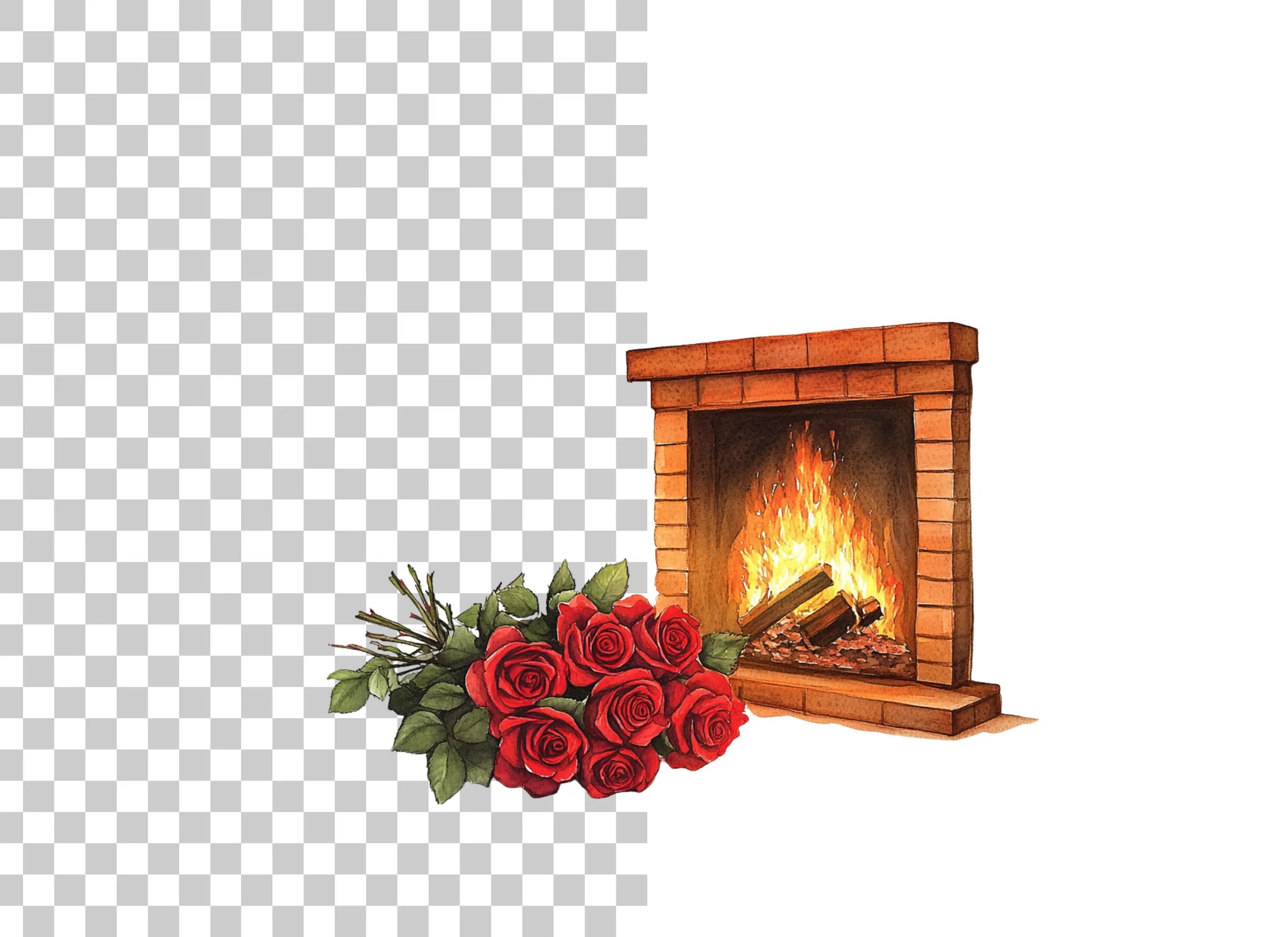 Cozy Fireplace with Red Roses Clipart Bundle