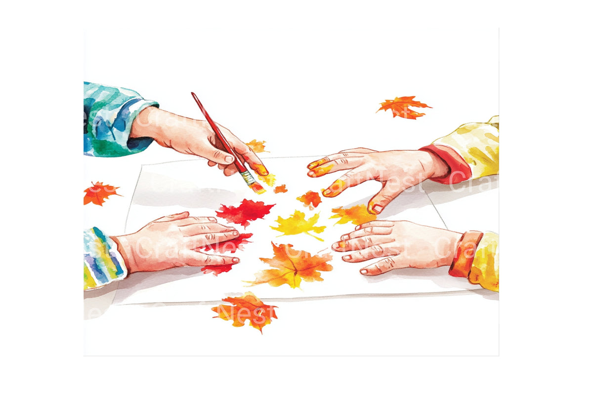 Kids Autumn Leaf Finger Painting Clipart Bundle