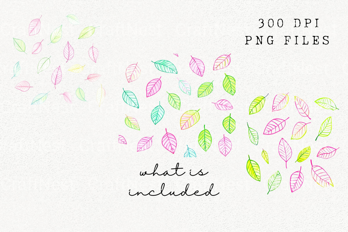 Neon Pink Green Sketch Leaf Clipart Bundle