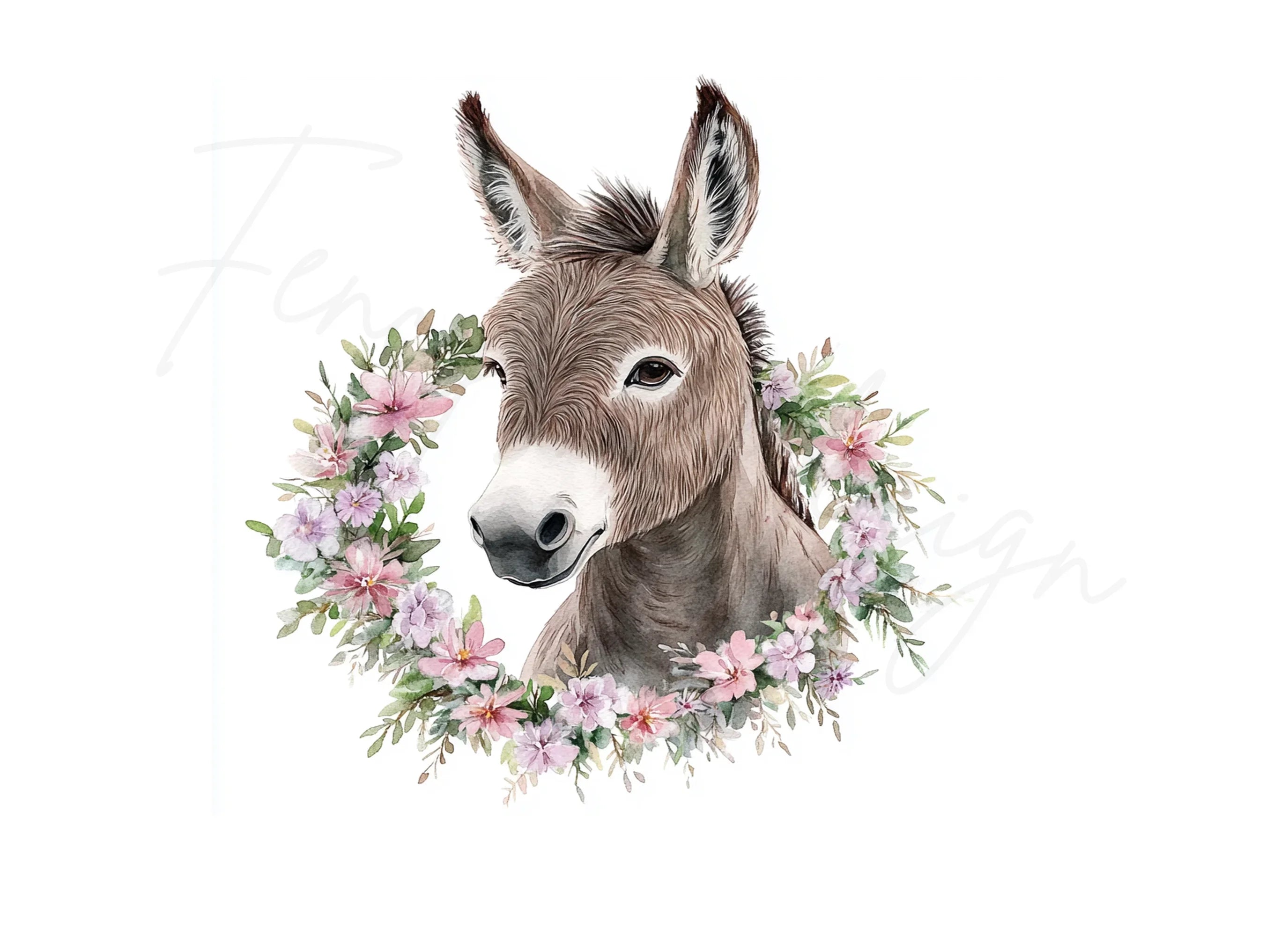 Cute Donkey Faces with Floral Wreaths Clipart Bundle