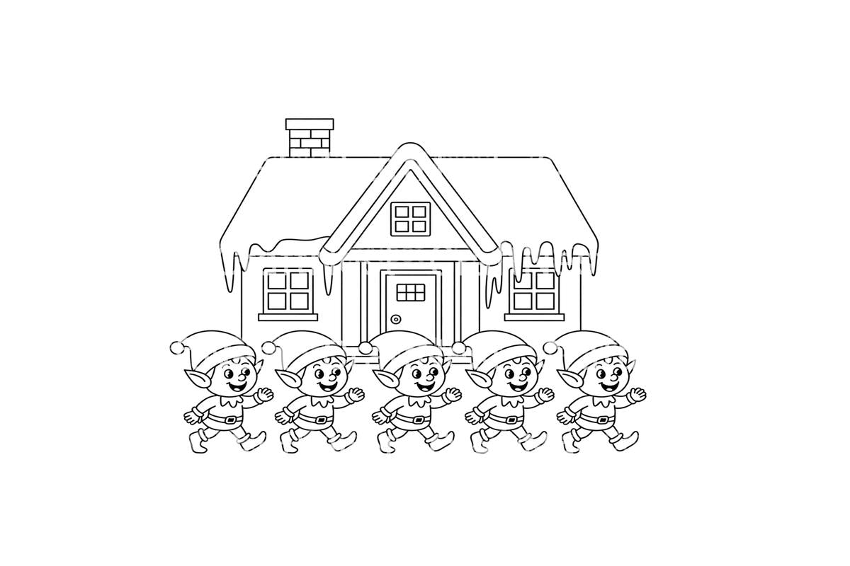 Christmas Elves and Snowy House Coloring Books