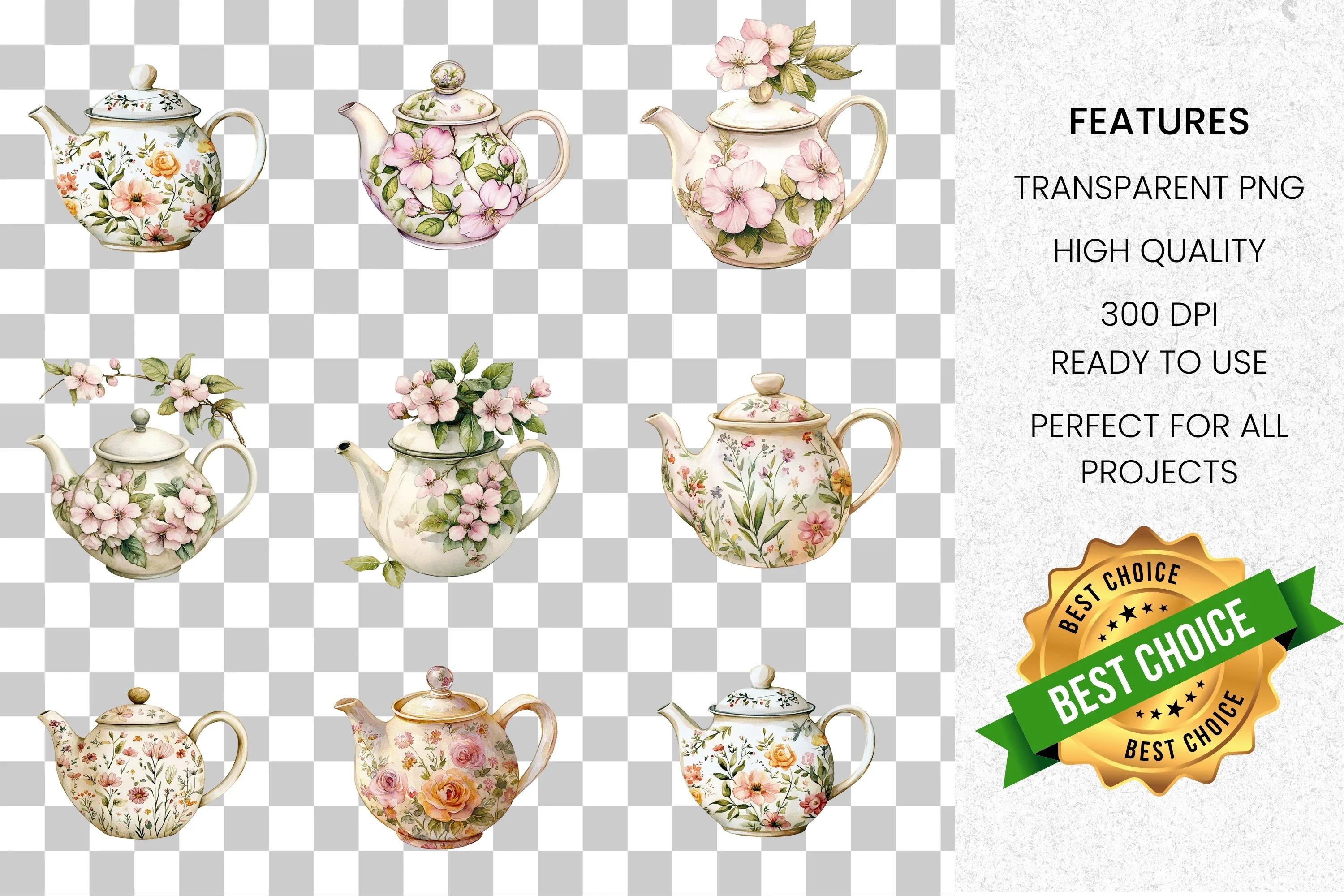 Floral Teapot Clipart Bundle