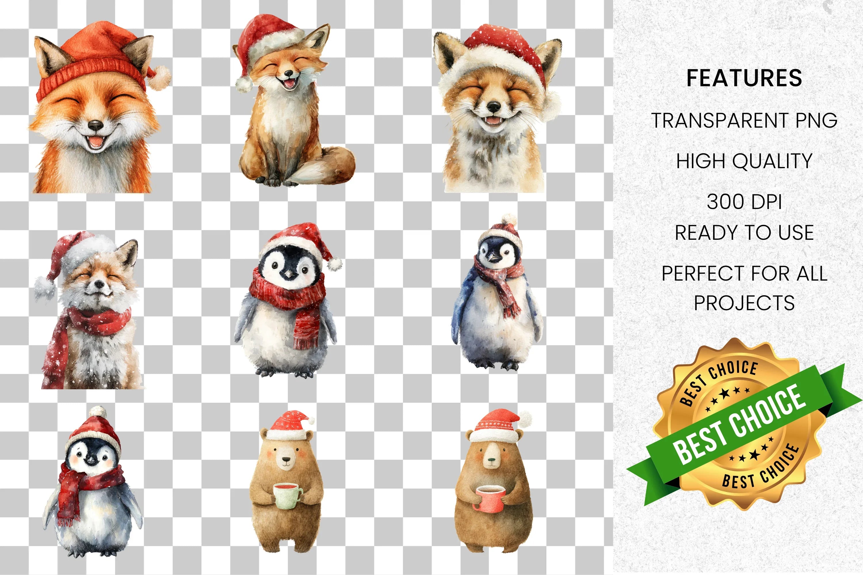 Cute Christmas Fox Clipart Bundle
